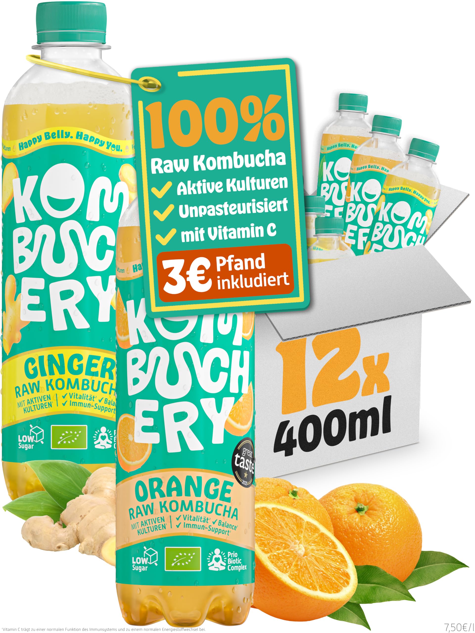 KOMBUCHERY® Mix Raw Kombucha BIO | 12 x 400ml | Fermentierter Tee mit aktiven Darm-Kulturen | Zuckerarm & Kalorienarm | Unpasteurisiert, PrioBiotic, Vegan & Testsieger | inkl. 3€ Pfand