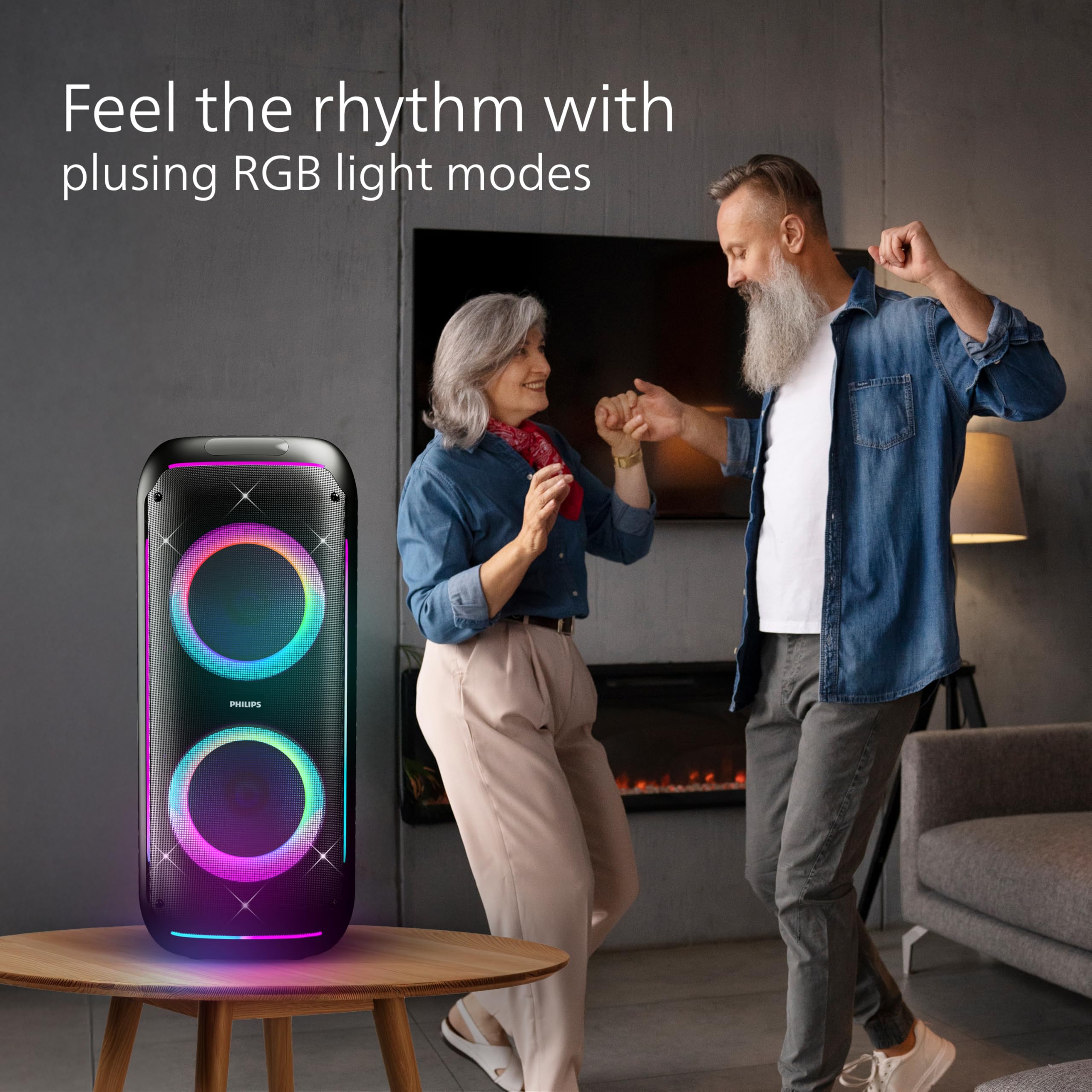 Philips 120W Max, 6.5”, RGB speaker light with Strobe light, AC/Battery powered, USB, BT v5.3 , Mic. in x1, Karaoke, wireless Mic