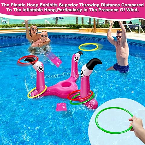 Miniatura 5 de Juego de juguetes inflables de flamenco 2 en 1 para lanzar y lanzar anillos. Juego de juguetes inflables de flamenco para piscina y cornhole, para