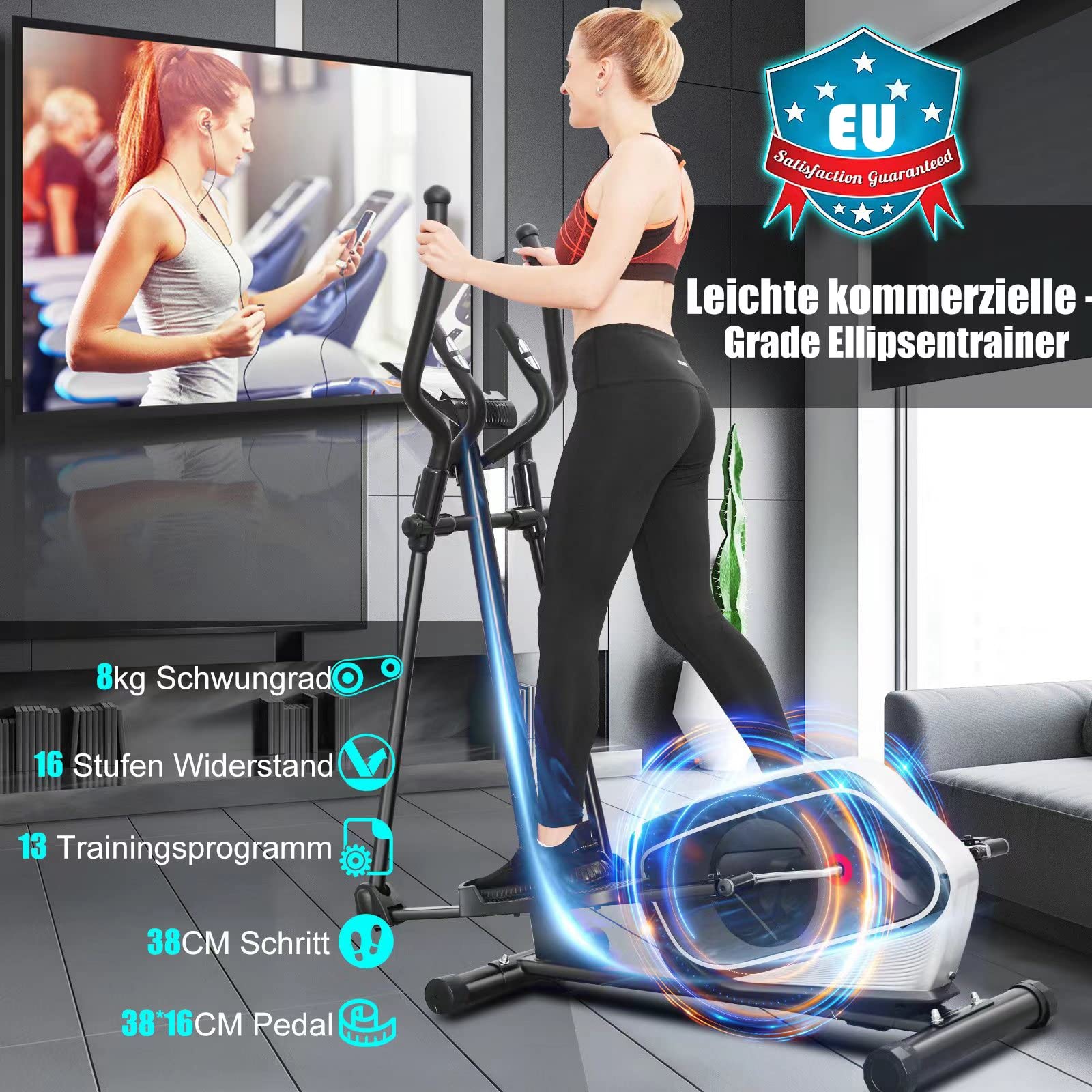 Profun Ellittica Elettrica Volano da 16 libbre/16 livelli di resistenza/13 Programma di Allenamento, Trainer Ellittico Fitness per tutta la Famiglia, Carico Massimo 390 LBS