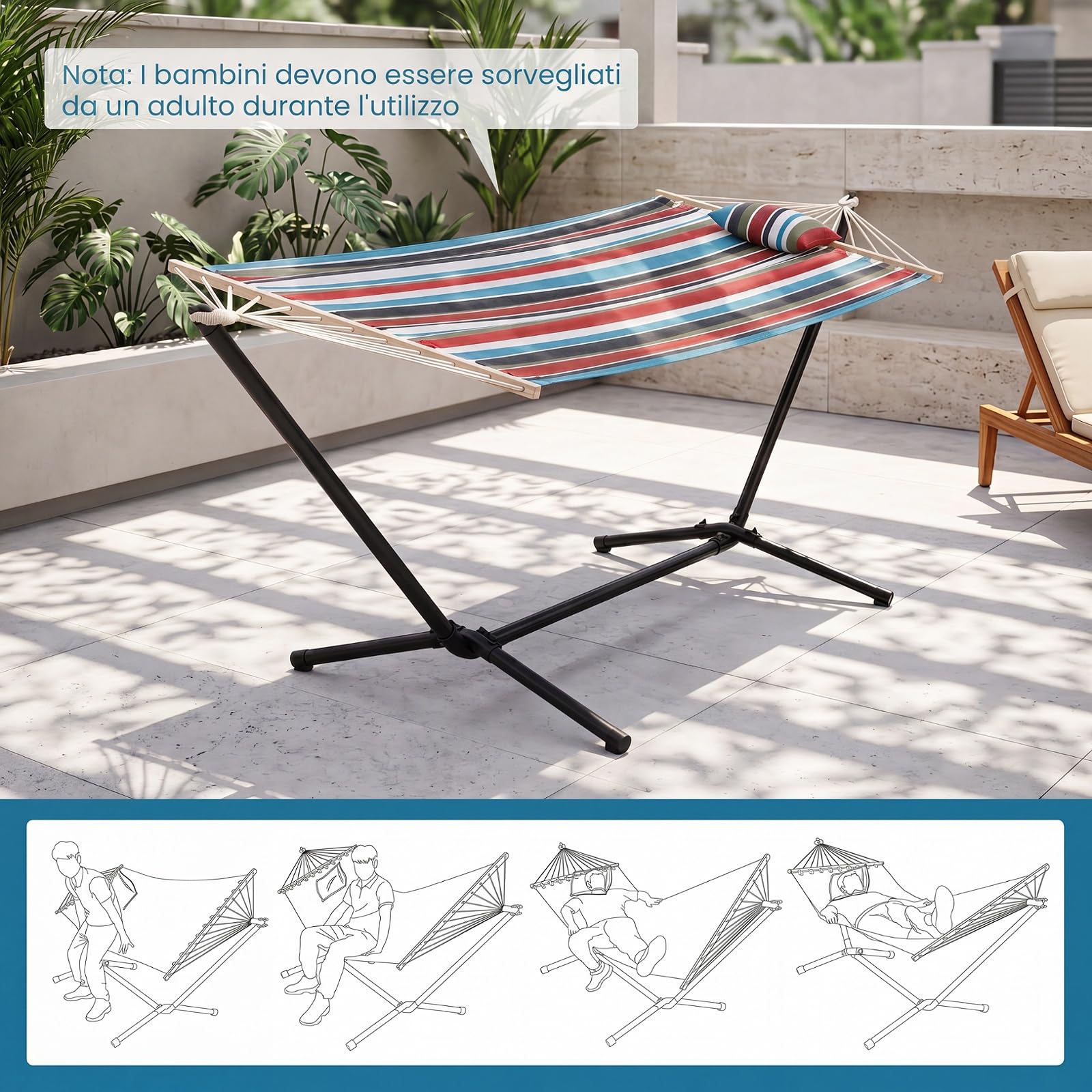 COSTWAY Amaca da Giardino con Supporto in Metallo, con Cuscino Rimovibile | Amaca da Esterno Portatile in Telo Cotone con Borsa, 200 kg, per Spiaggia, Campeggio e Terrazza