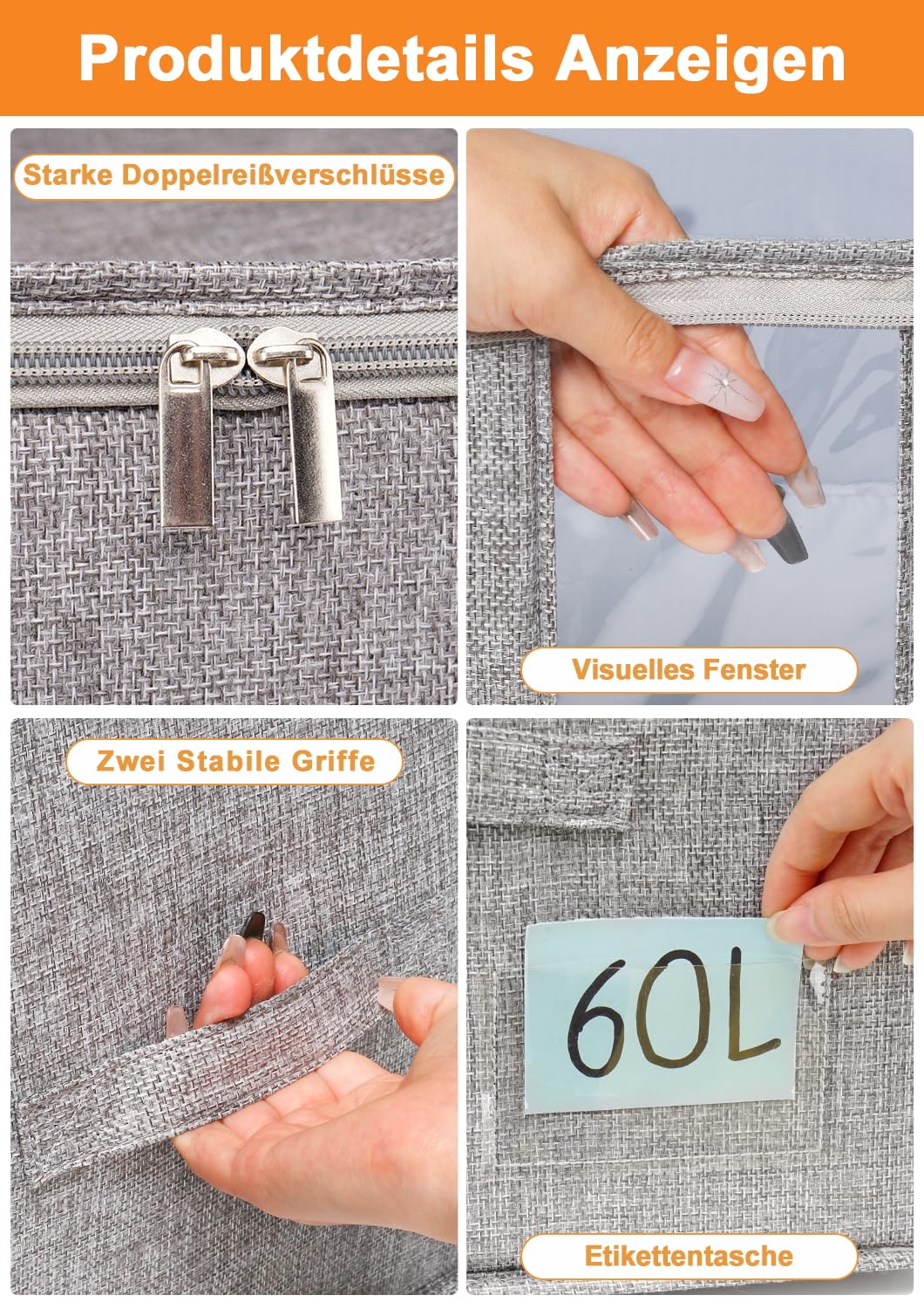 60L Aufbewahrungsboxen 2er-Pack für Bettdecken, Decken, Bettwäsche und Kleidung, faltbare formstabile Stoffboxen mit Doppelreißverschluss, Sichtfenster, starken Griffen, stapelbar, wasserdicht, Grau