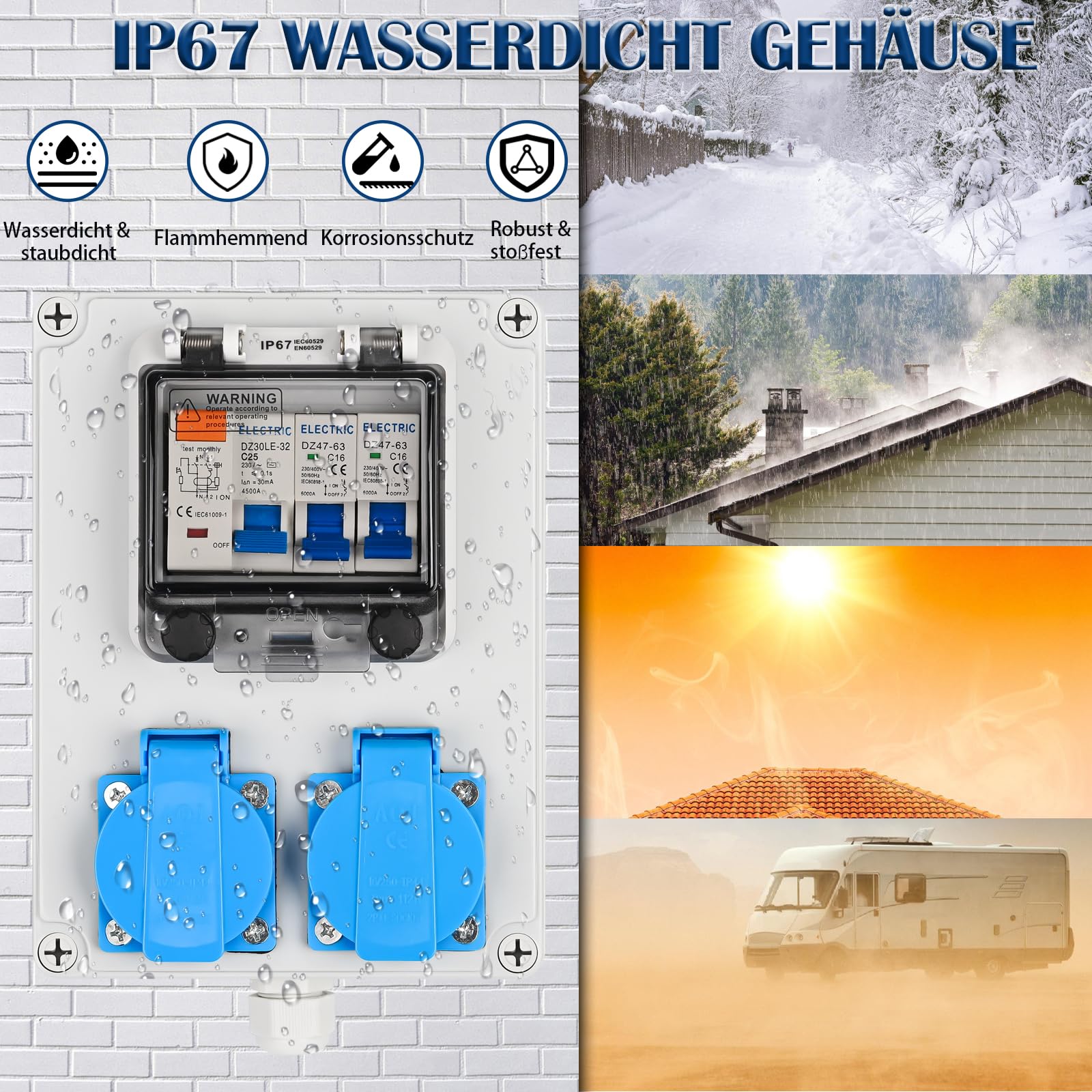 Warmfay Quadro di distribuzione per cantieri Precablato, distributore di corrente, 2x 230V prese Schuko, quadro elettrico a parete con 1x interruttore FI 25A + 2x interruttori LS 16A 1P, IP67