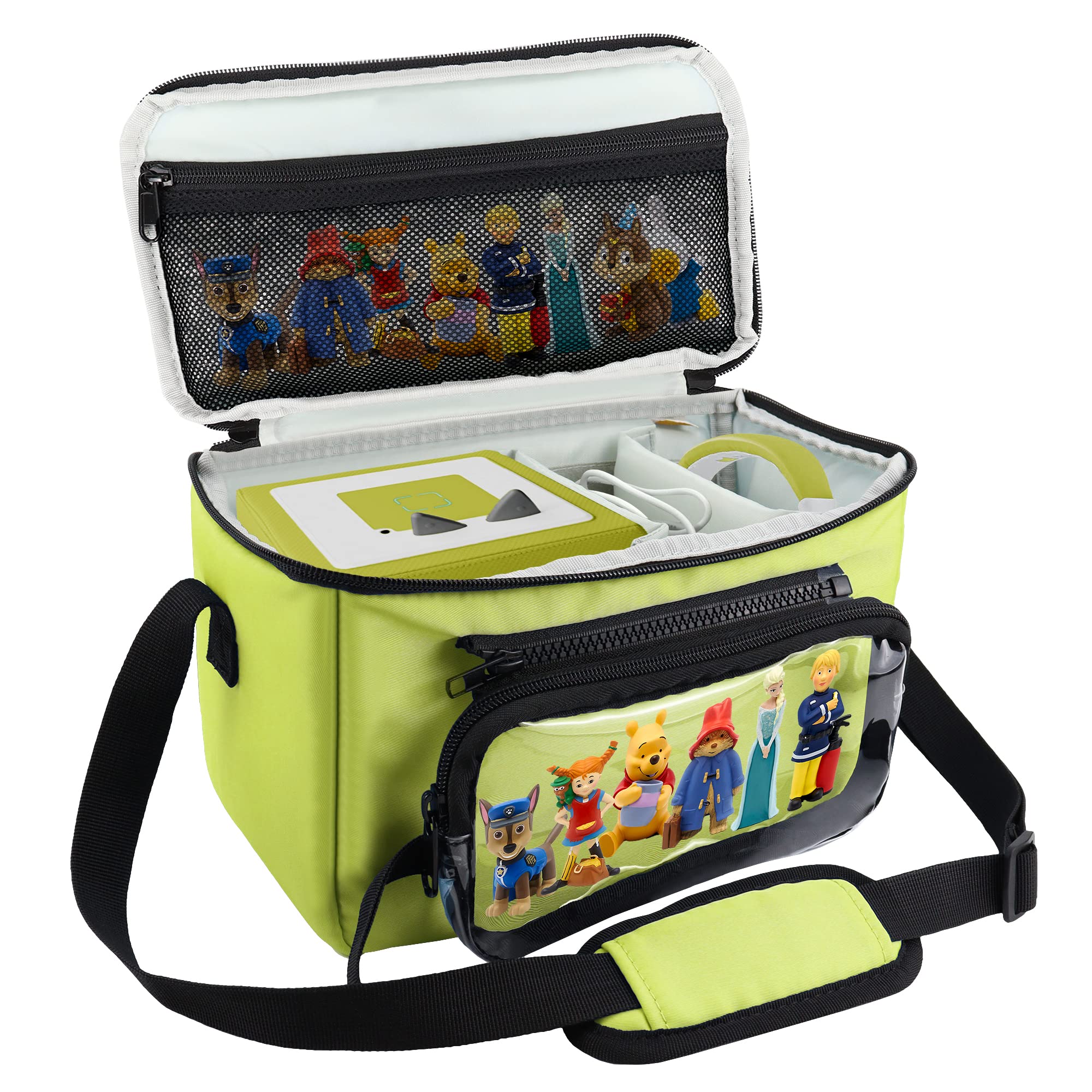 Annmore Tasche für Toniebox, Hörfiguren und Kopfhörer, Grün | Passend für Toniebox 2 und 1, Kompatibel mit Tigerbox, Verstellbare Innenfächer, Abnehmbar Tragetasche
