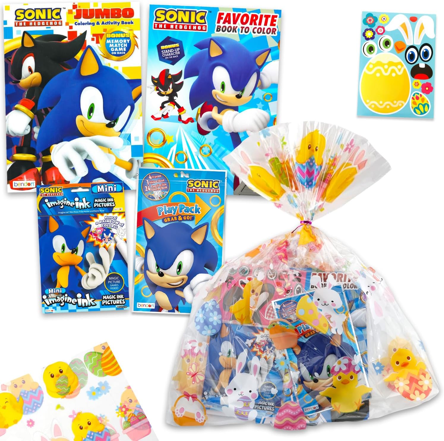 Sonic The Hedghog Easter Gift Bag Coloring Set - Bundle with 4 Coloring Activity Books, Easter Egg Print Cellophane Bag, Twist Tie, Stickers | Sonic Easter Gift Basket Stuffers
