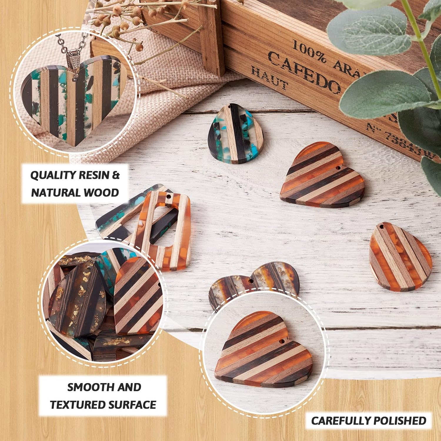 Magibeads 18Pcs Resin Wood Charms Striped Earring Charms Heart Teardrop Wood Earring Blanks Vintage Resin Charms for Boho Crafts Jewelry Making