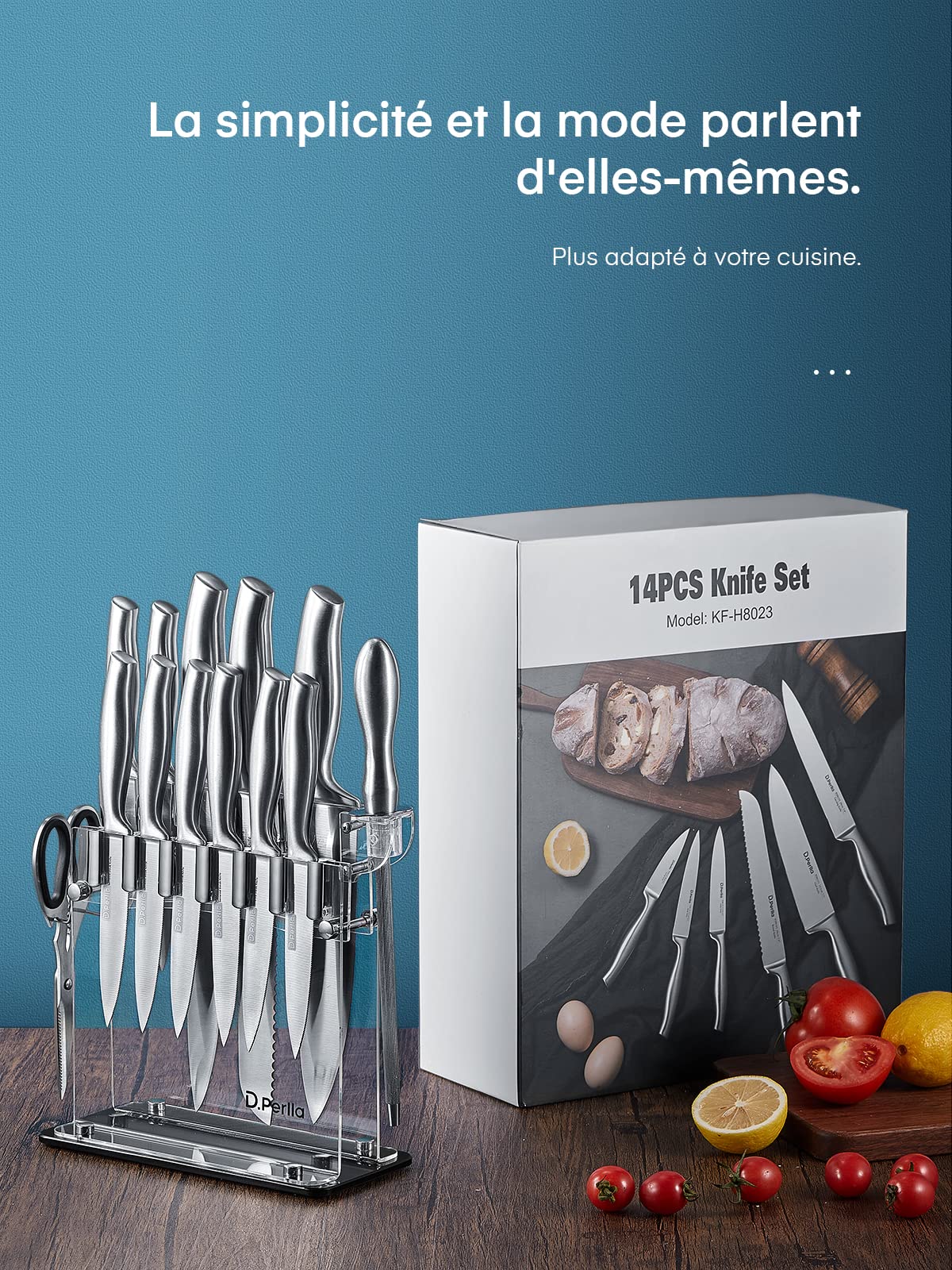 D.Perlla 14 Pièces Set de Couteaux de Cuisine, pour Chef Professionnel, Forgé à Partir D'acier Inoxydable à Haute Teneur en Carbone, Porte Couteau en Acrylique