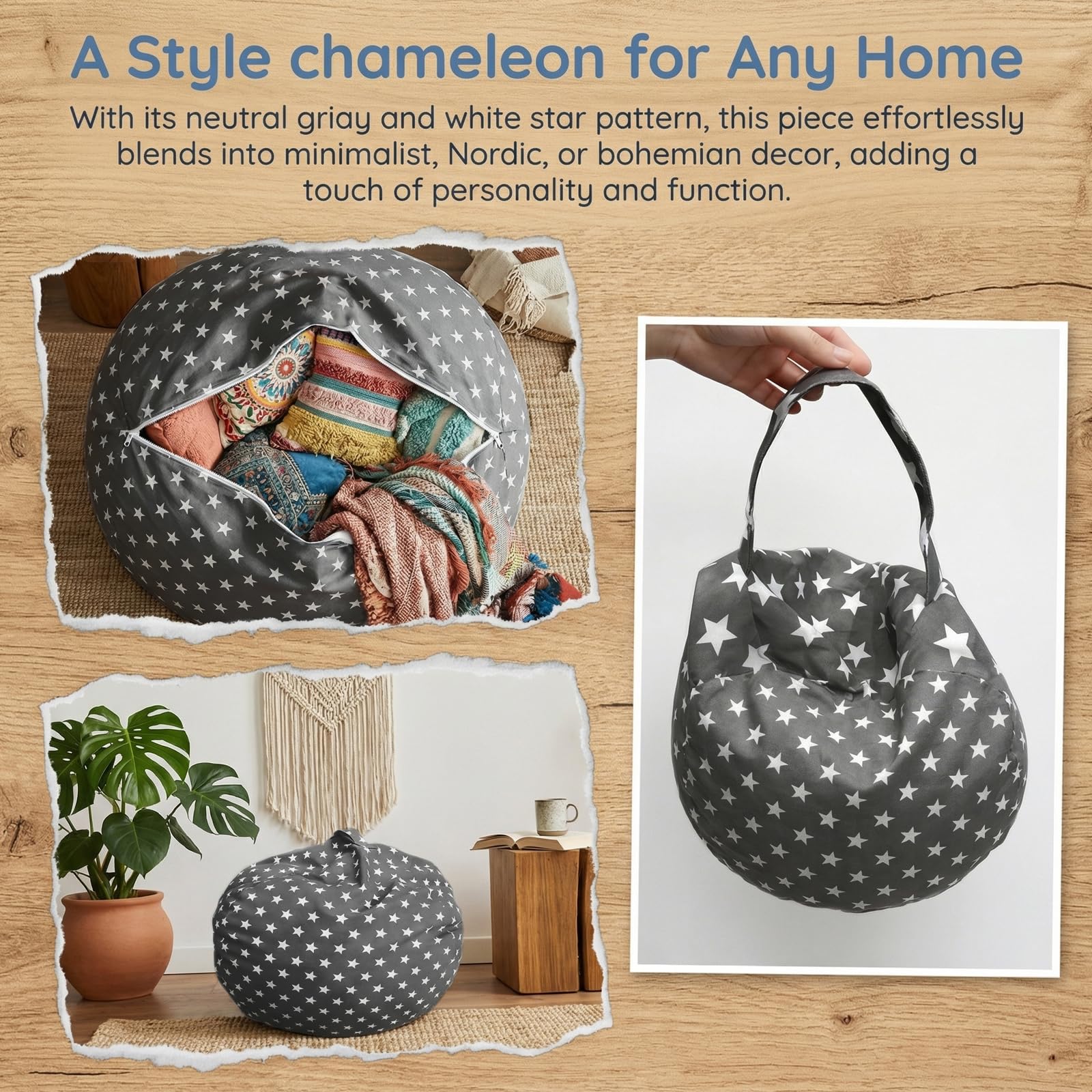 Bolsa Almacenamiento y Puf 2 en 1 | Funda con Cremallera y Asa para Organizar Juguetes, Ropa | Lona Resistente | Estrellas Grisas | 24 Pulgadas (61 cm) | NO Incluye Relleno