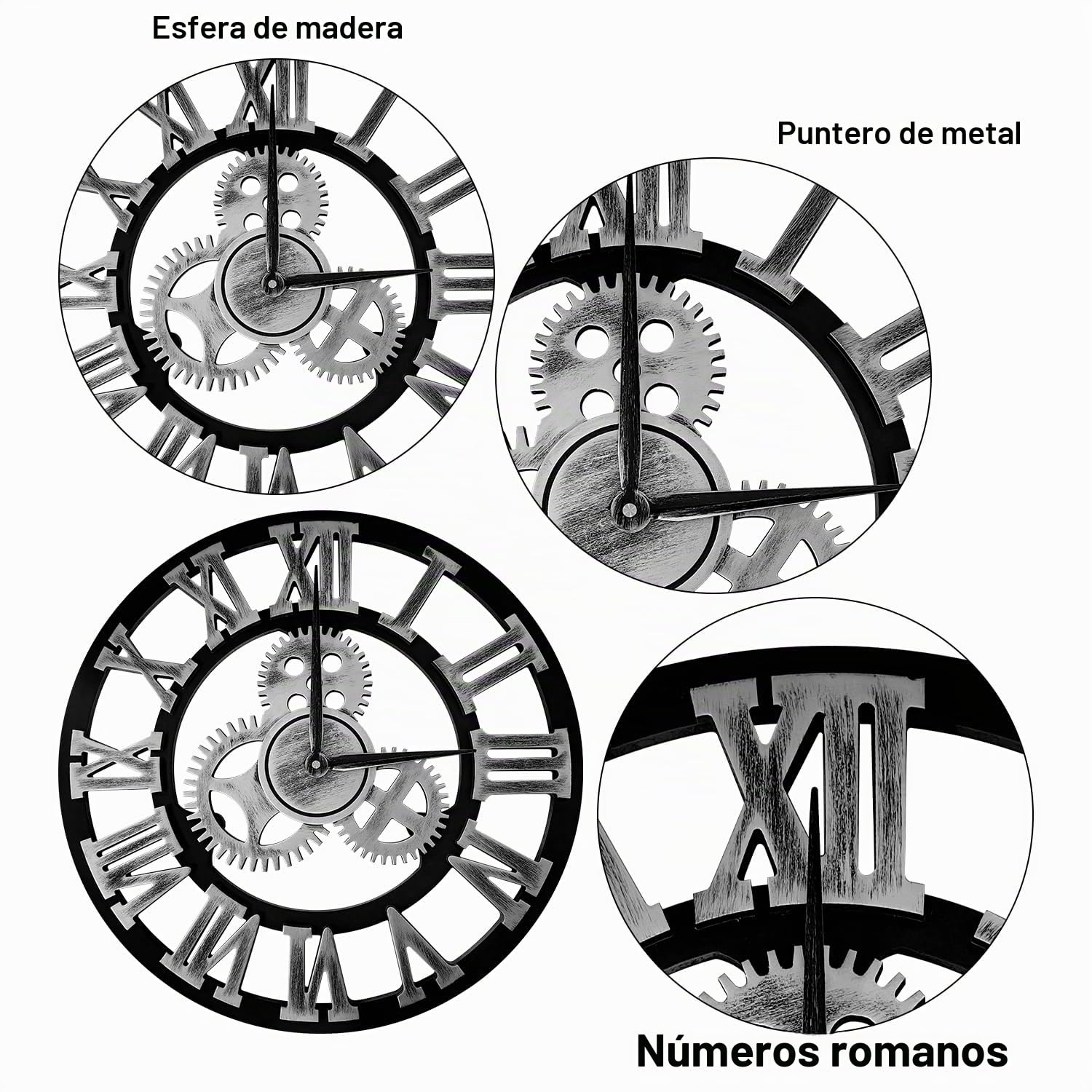 Reloj de Pared de Madera de Cuarzo con Números Romanos con Engranajes Vistos, Silencioso, no Hace tictac, para Sala de Estar, Dormitorio, Oficina, Cocina