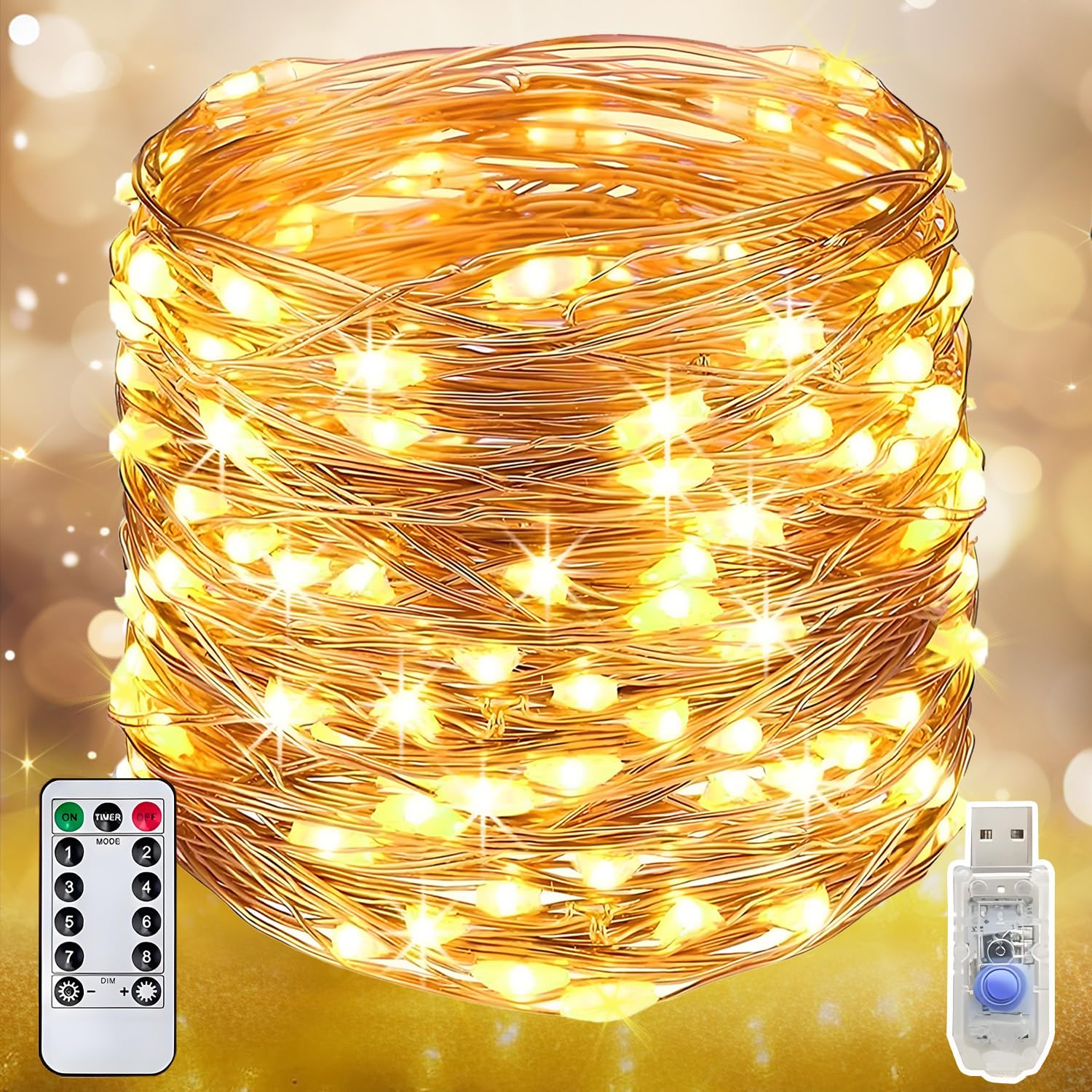 Guirnalda Luces 10M 100 LED,Cadena de Luces Led Navidad,Navidad Decoración,LED Luces de Hada,Luces Navidad 8 Modos,USB Luces,con Temporizador,para Navidad, Habitacion, Fiesta, Jardín, Balcon,Ventana