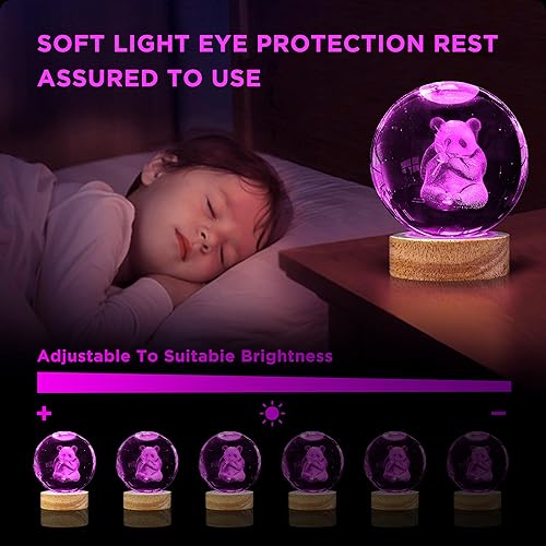 Miniatura 4 de Oriamde Lámpara de bola de cristal de panda 3D de 3.15 pulgadas con base de madera de 16 colores cambiantes y control remoto, ideal para niños,
