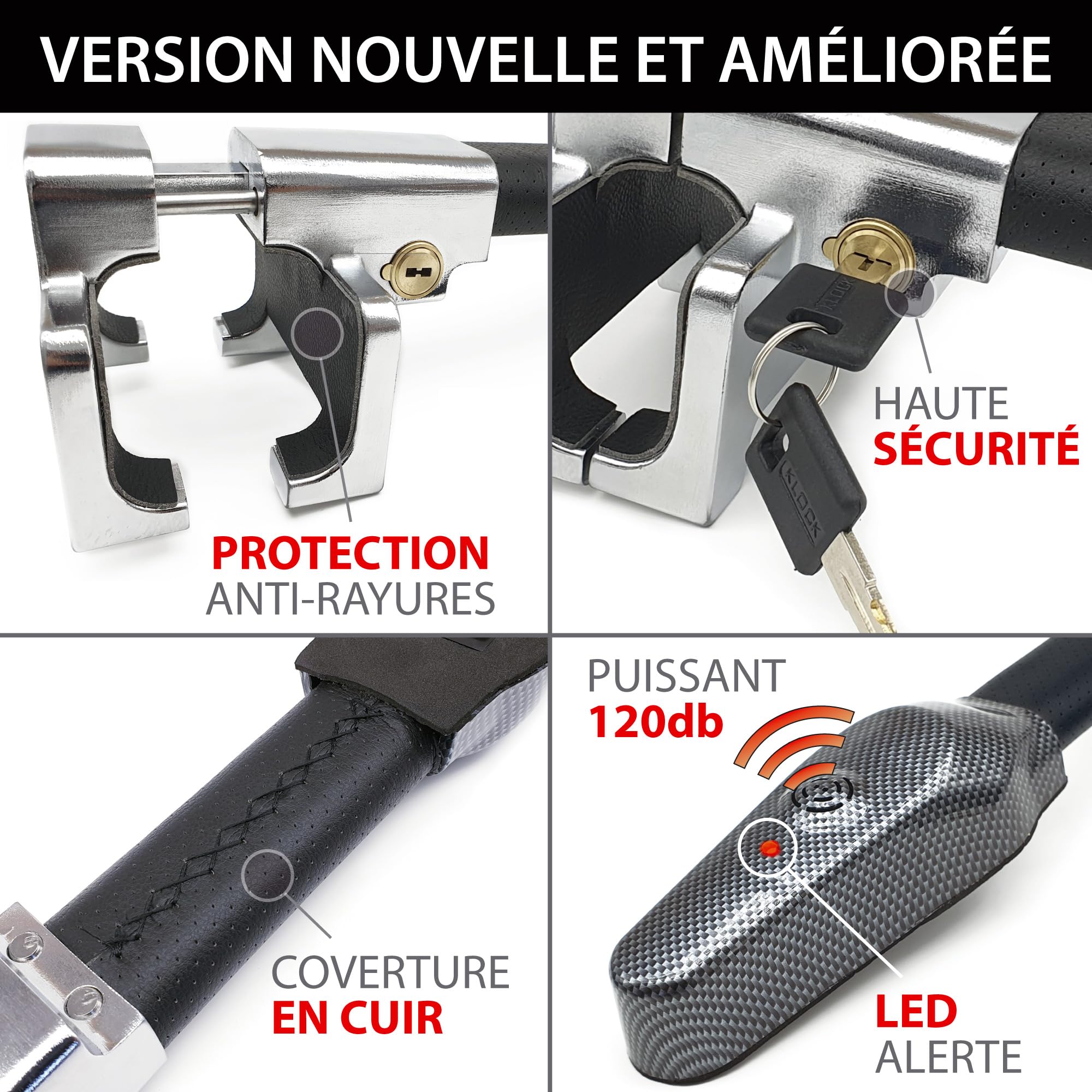 KRASER KR830 Antivol Voiture Avec Alarme 120dB, Canne Antivol Voiture Haute Sécurité, Robust Bloque Volant sur Rayon Plus Dissuasif, Facile à Utiliser, Bloc Barre Anti Vol Universel Auto Camping-Car