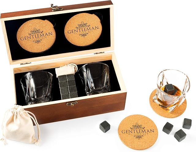 Cumbreca Whiskey Stones Gift Set | Whisky Glass Gift Set | 8 Granite Whisky Stones | Whiskey Glasses Set of 2 | Reusable Chilling Stones