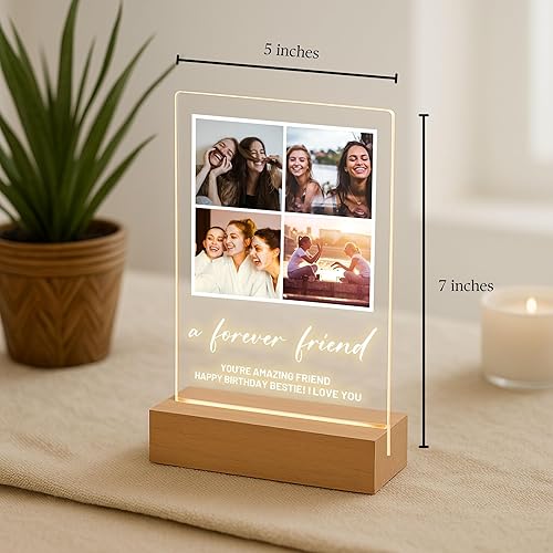 Miniatura 5 de Placa de fotos personalizada con soporte de luz LED de madera, acrílico, regalo para mejor amiga para ella, regalo para él, collage de fotos