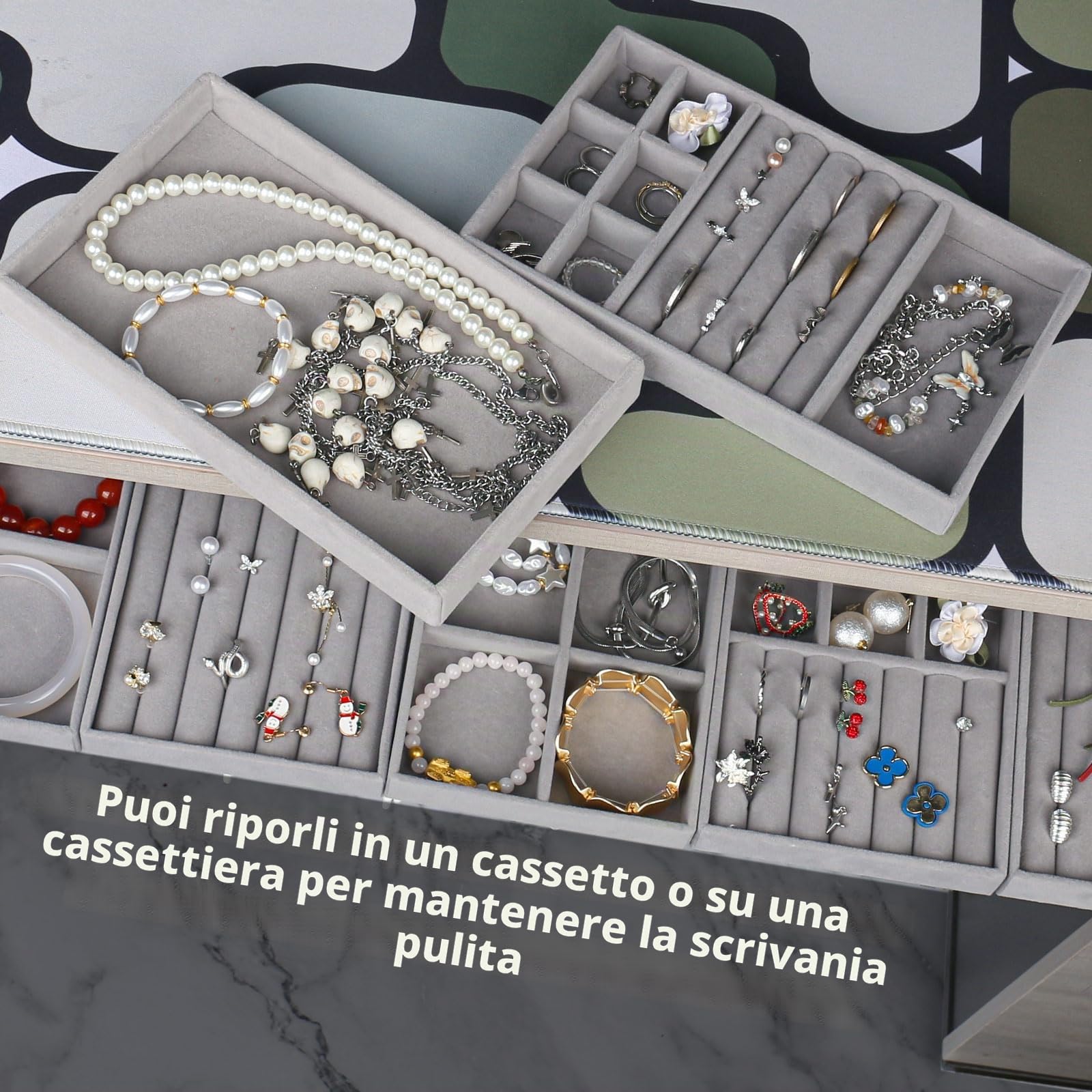 8 Pezzi Organizer Gioielli da Cassetto Velluto, Vassoio Porta Collane, Porta Gioielli Donna per Anelli, Collane, Orecchini e Bracciali