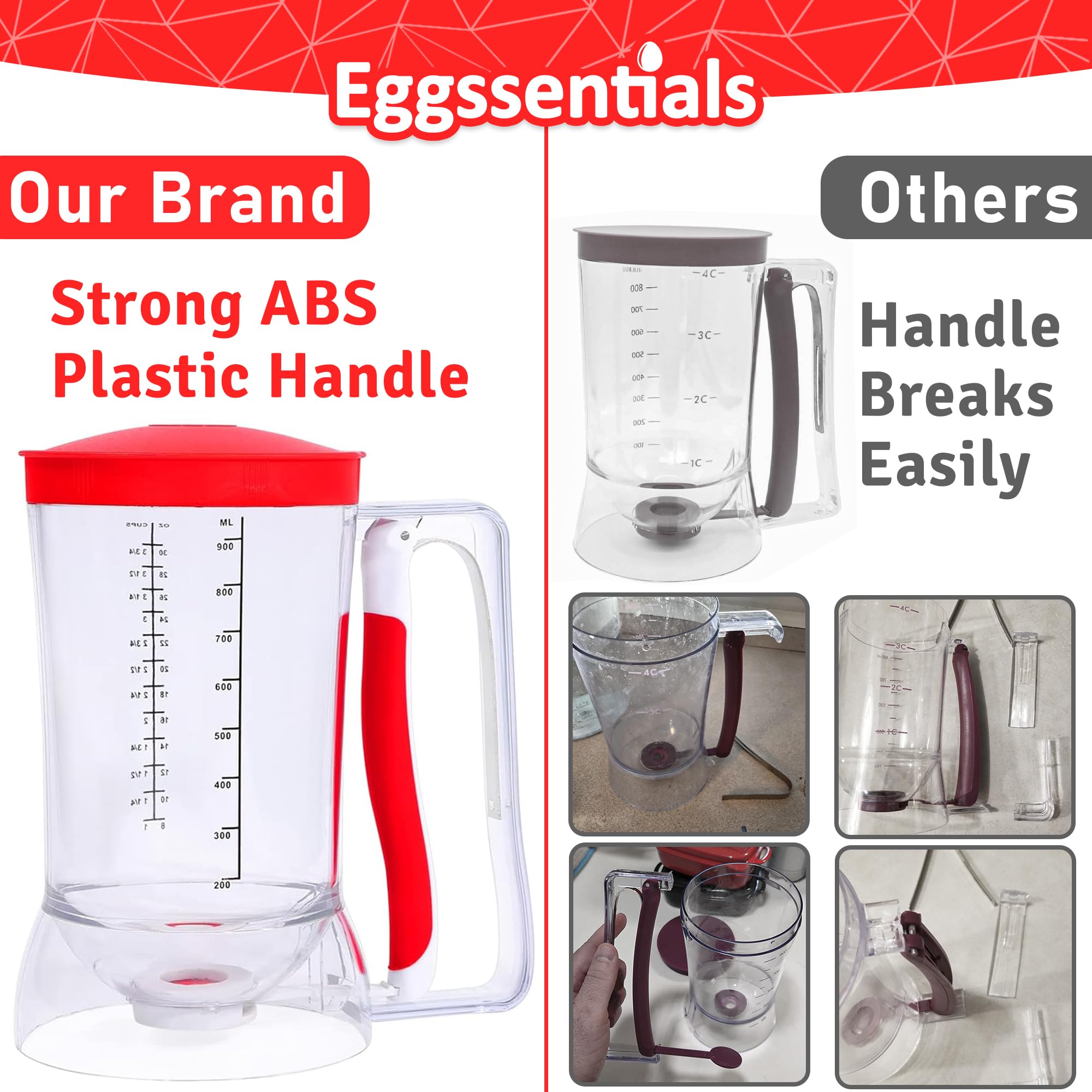 Eggssentials Dispensador de panqueques, dispensador de masa con mango para apretar, para cupcakes, panqueques, pasteles de galletas, gofres y separación de galletas.