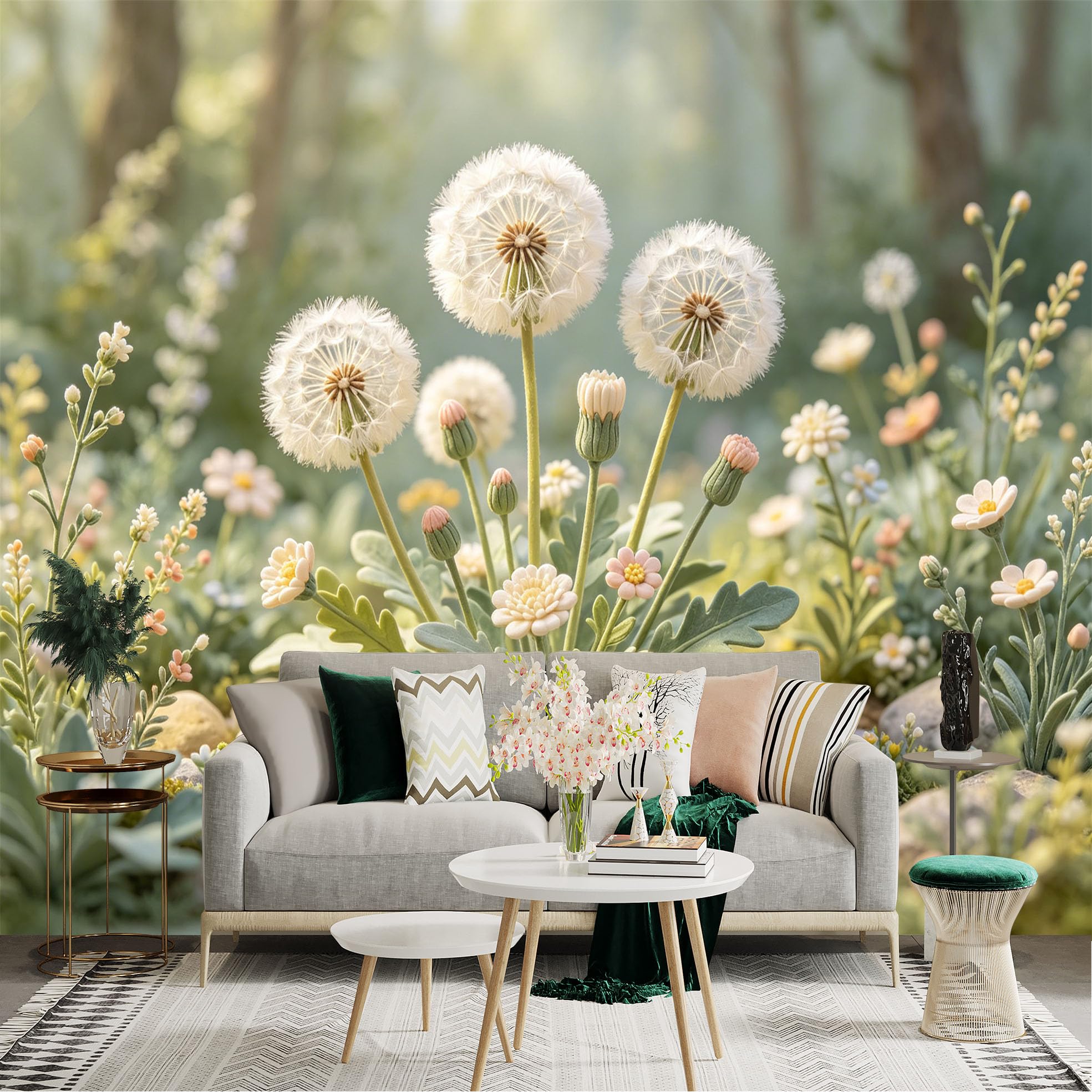 Lnzczhyre Dbh260521022 Custom Size Wall Sticker Mural， Fluffy White Dandelions， Blooming Spring Wildflowers， Soft Green Meadow， For Wall Decoration， Peelandstick Wall Decals.