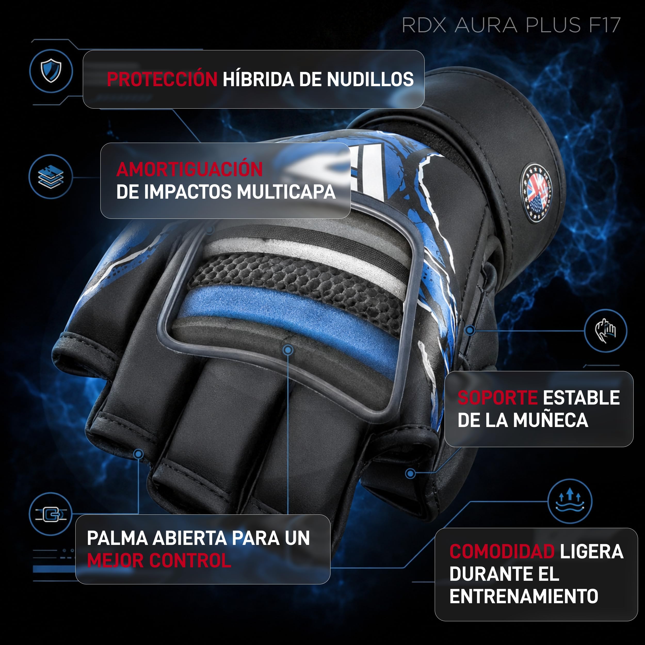 RDX Aura Plus F17 Guantes de Grappling para Hombre y Mujer, Guantes MMA con Palma Abierta, Guantes de Entrenamiento para Agarre, Sparring y Lucha en Suelo, Acolchado Amortiguador