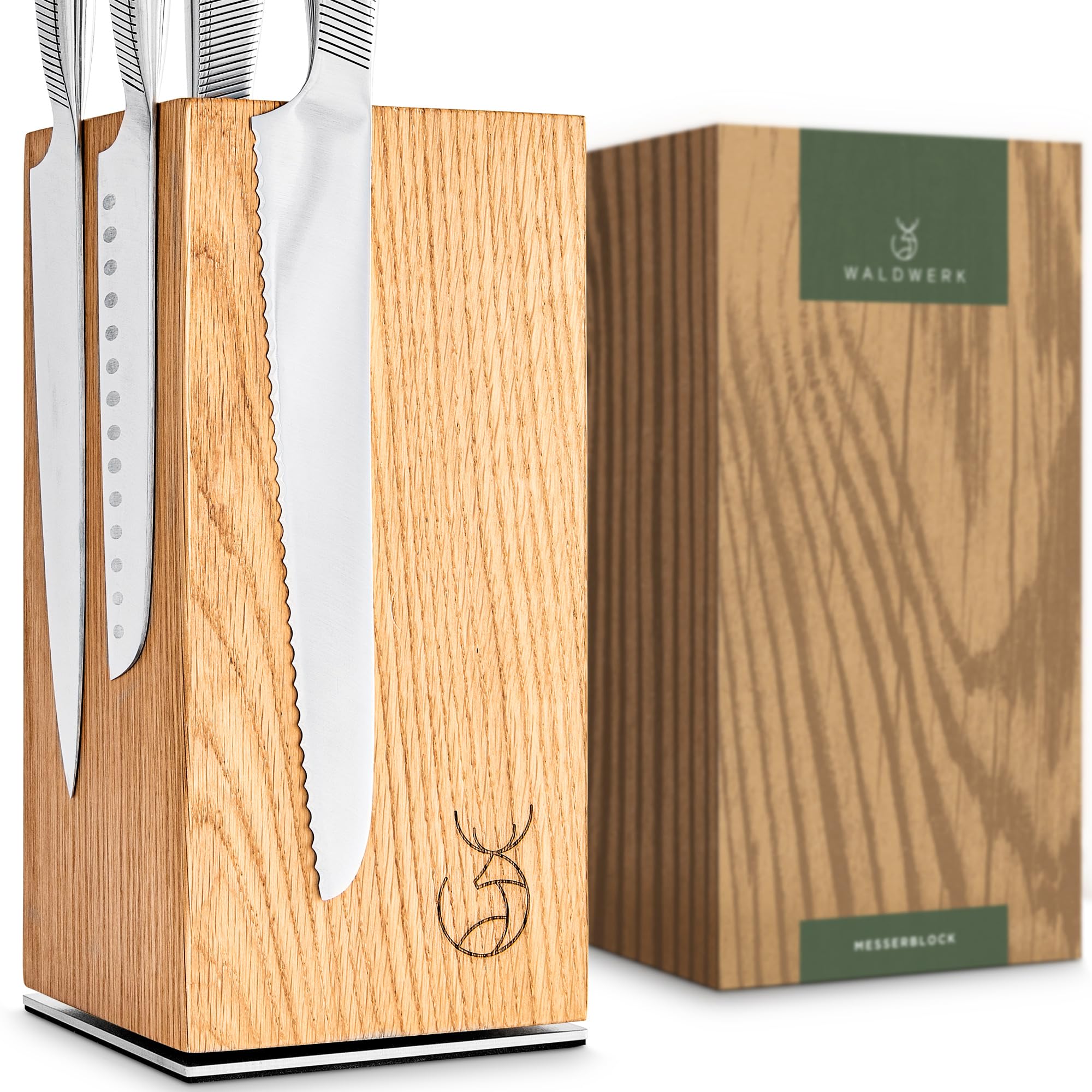 WALDWERK Design Ceppo Coltelli da cucina - porta coltelli cucina - magnetico e girevole in pregiato legno di quercia - portacoltelli da cucina