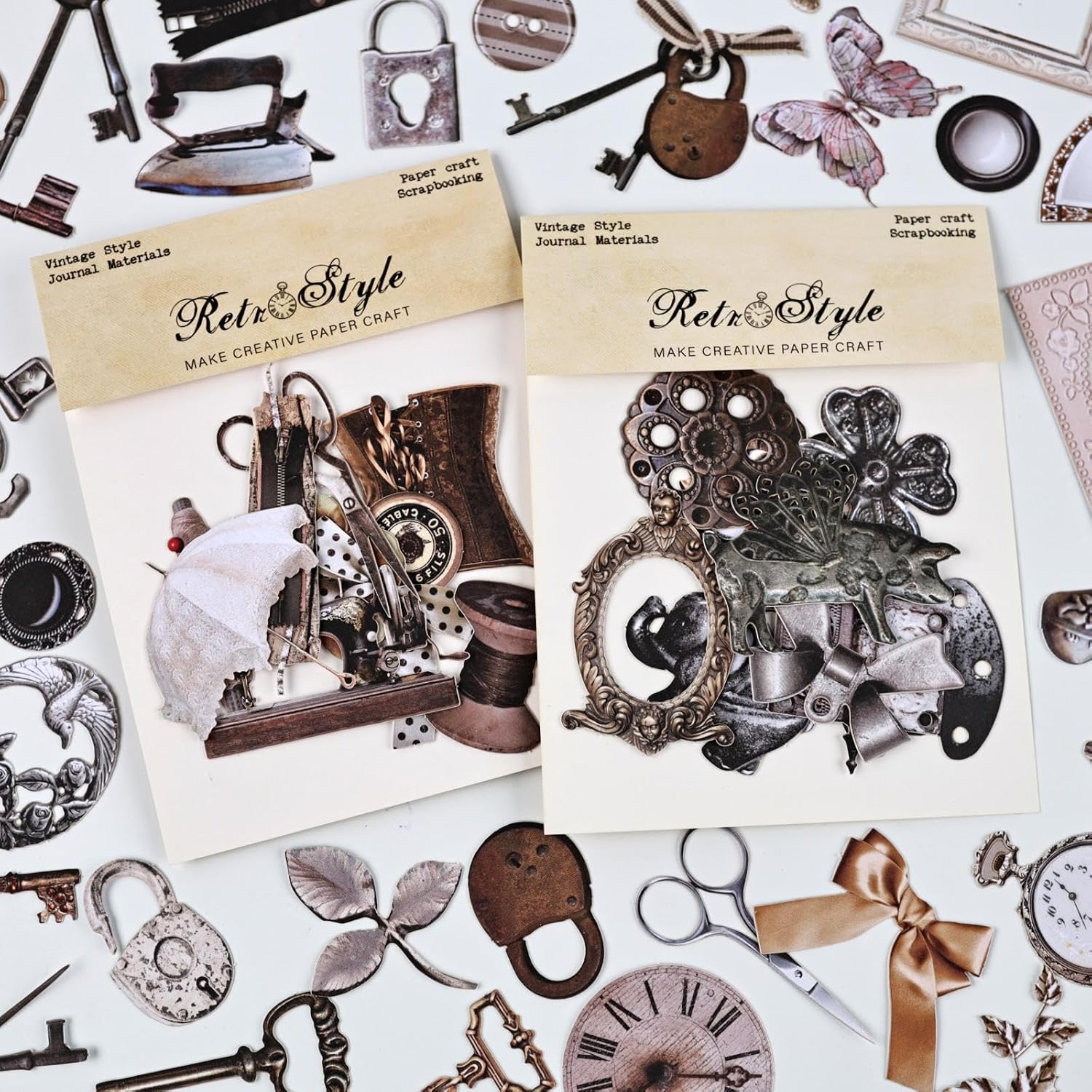 Diuhofart 2Pack Vintage Scrapbook Embellishments for Scrapbooking Supplies, 60 Pcs Scrapbooking Materials, Antique Keys, Locks and Sewing Themed Paper