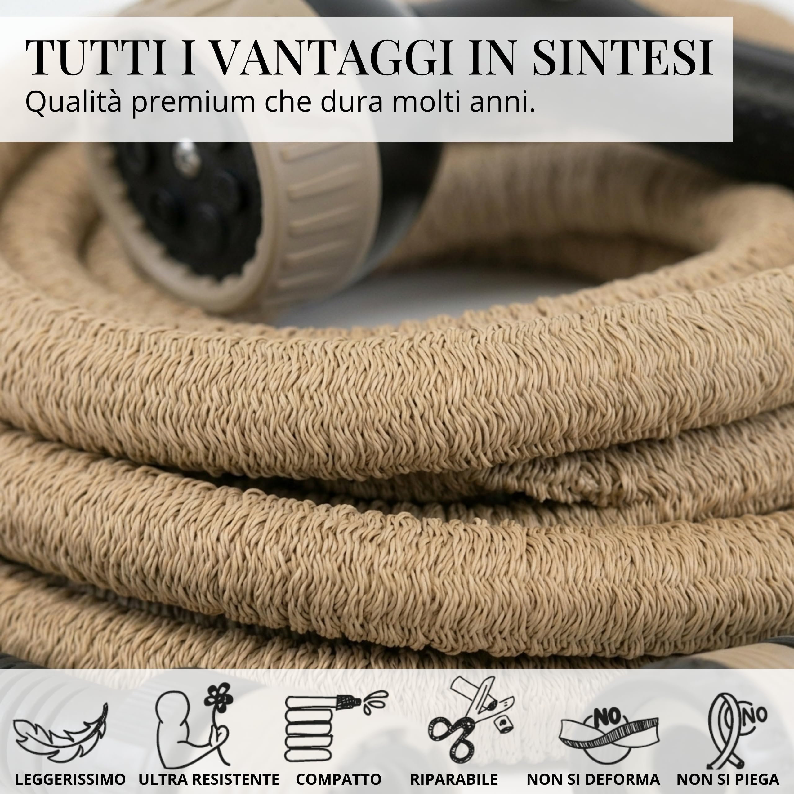 LIVLIG Tubo flessibile 15 m Made in Italy – tubo espandibile 1/2" con raccordi e doccetta multifunzione – Beige