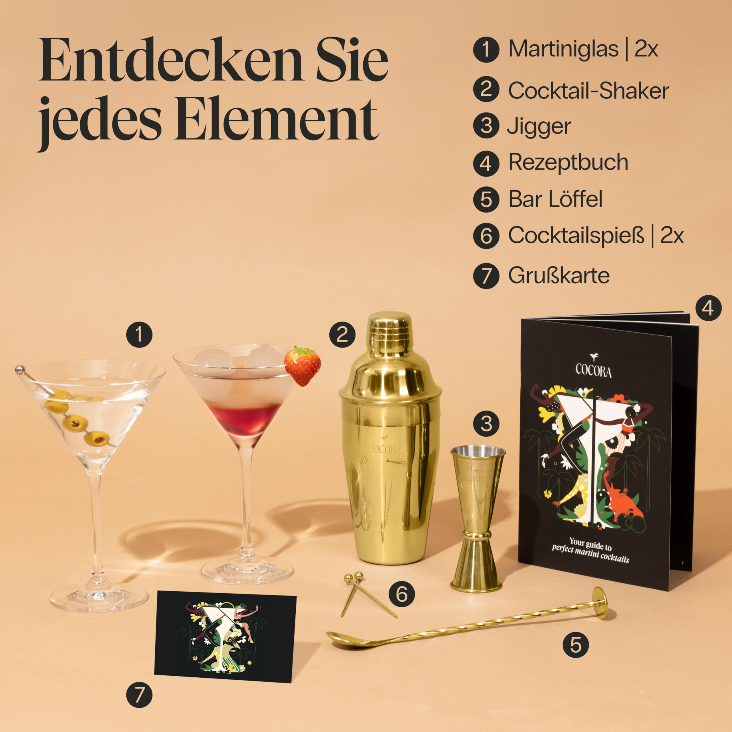 Cocora Martini-Set | 8-teiliges Cocktail-Set aus Edelstahl | Cocktail Shaker | Martini Cocktail Gläser | Cocktail Buch | Luxuriöse Geschenkverpackung (Gold)