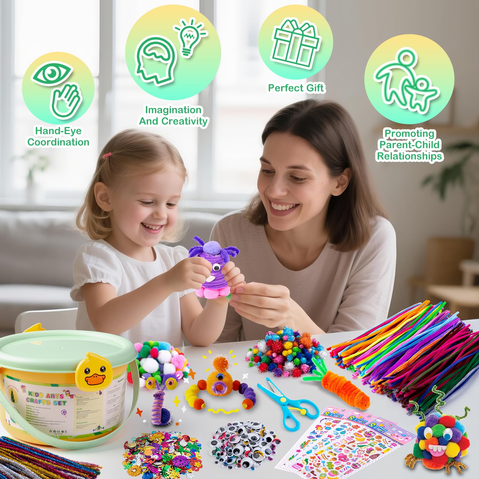 Sundaymot 5000 Caja Manualidades Niños, DIY Art Supplies Kit de Manualidades con Pipe Cleaners, Pompoms, Wiggle Eyes y Craft Sticks Colores, Creativo Regalo Kit Manualidades Juego para Niñas 3+ Años