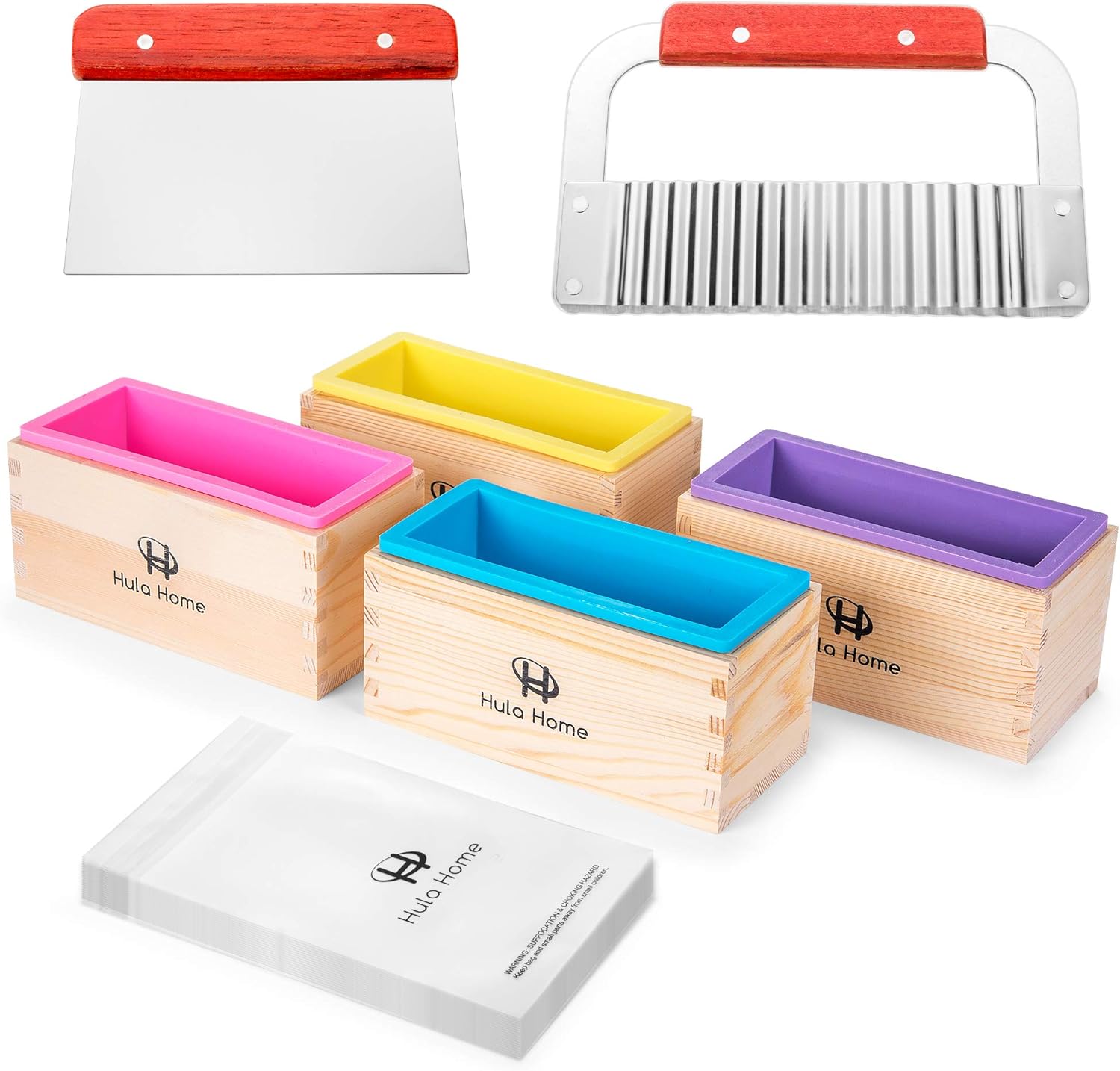 4pc Soap Making Mold Supplies Kit (88oz Total) | Use w/Melt and Pour Soap Base, Cold or Hot Process | 4pc Silicone Molds, Stainless Steel Wavy & Straight Scraper, Wooden Box, 100pc Bags : Arts, Crafts & Sewing
