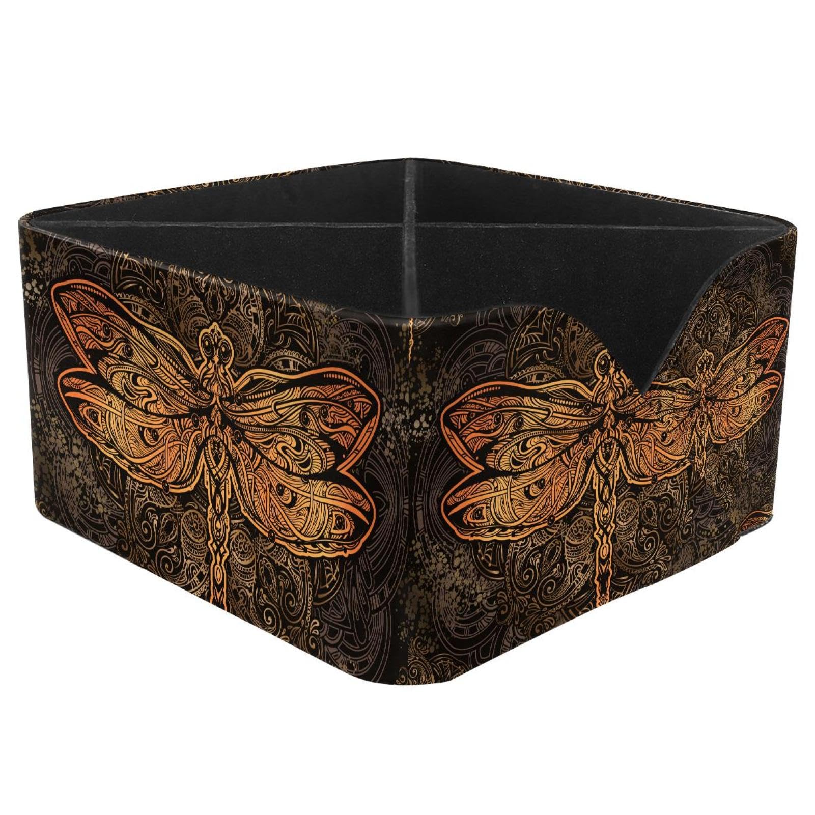 KengjuTesu Golden Dragonfly Mandala Ethnic Tribal Patterns Desktop Organizer Pen Holder, Rectangular Pencil Cup for Office, Study and Makeup Stations