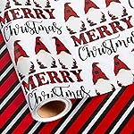 MAYPLUSS Christmas Wrapping Paper Roll, 17 Inch X 16.5 Feet Gift Wrapping Paper Featuring Gnome Merry Christmas Reversible Strip, Thick Wrap Paper for Holiday Party New Year Kids