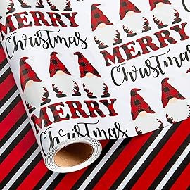 MAYPLUSS Christmas Wrapping Paper Roll, 17 Inch X 16.5 Feet Gift Wrapping Paper Featuring Gnome Merry Christmas Reversible Strip, Thick Wrap Paper for Holiday Party New Year Kids