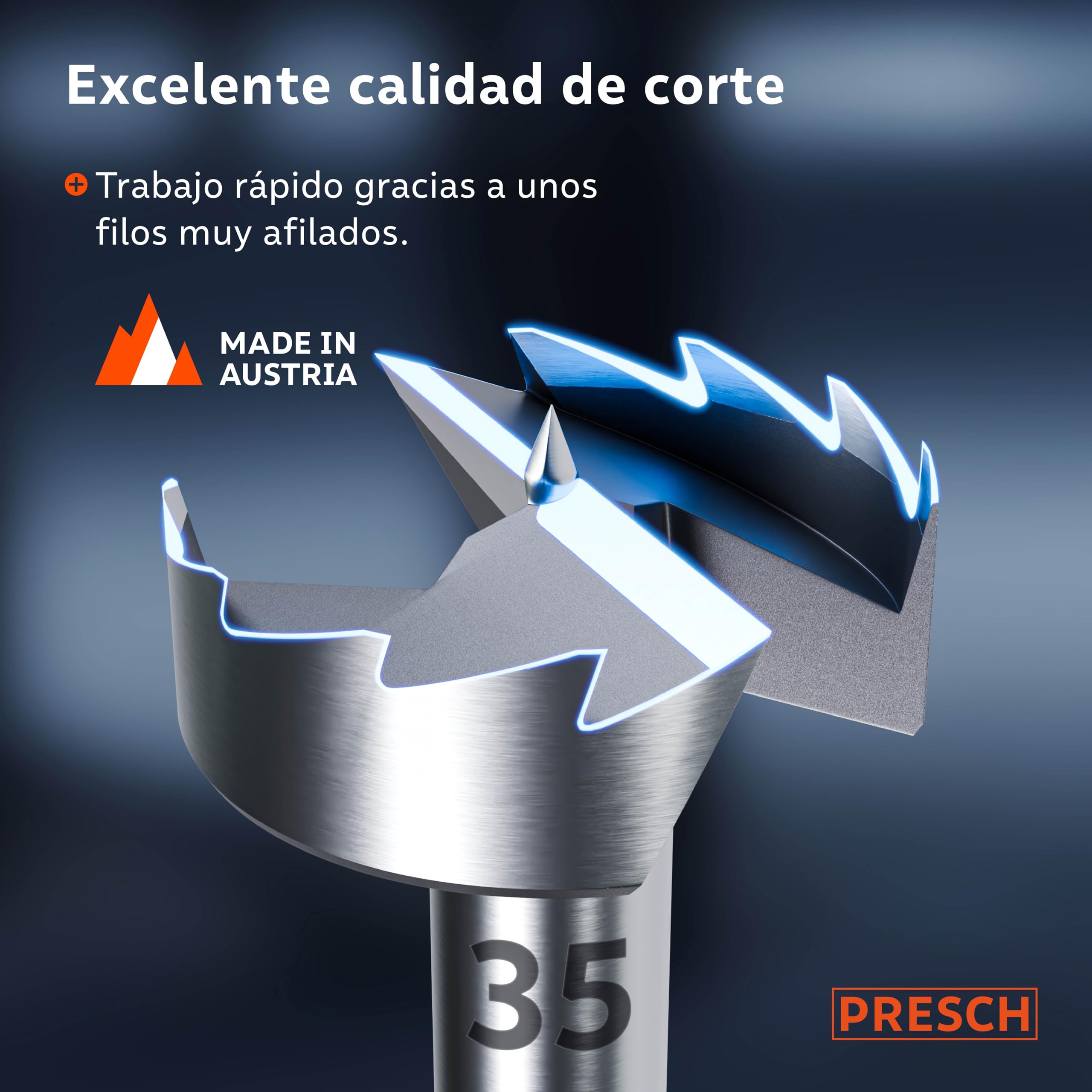 Presch Broca Forstner Ø 35mm - Broca para madera ultra afilada y duradera - Punta central de alta precisión para agujeros perfectamente redondos - Rendimiento fiable con vida útil optimizada