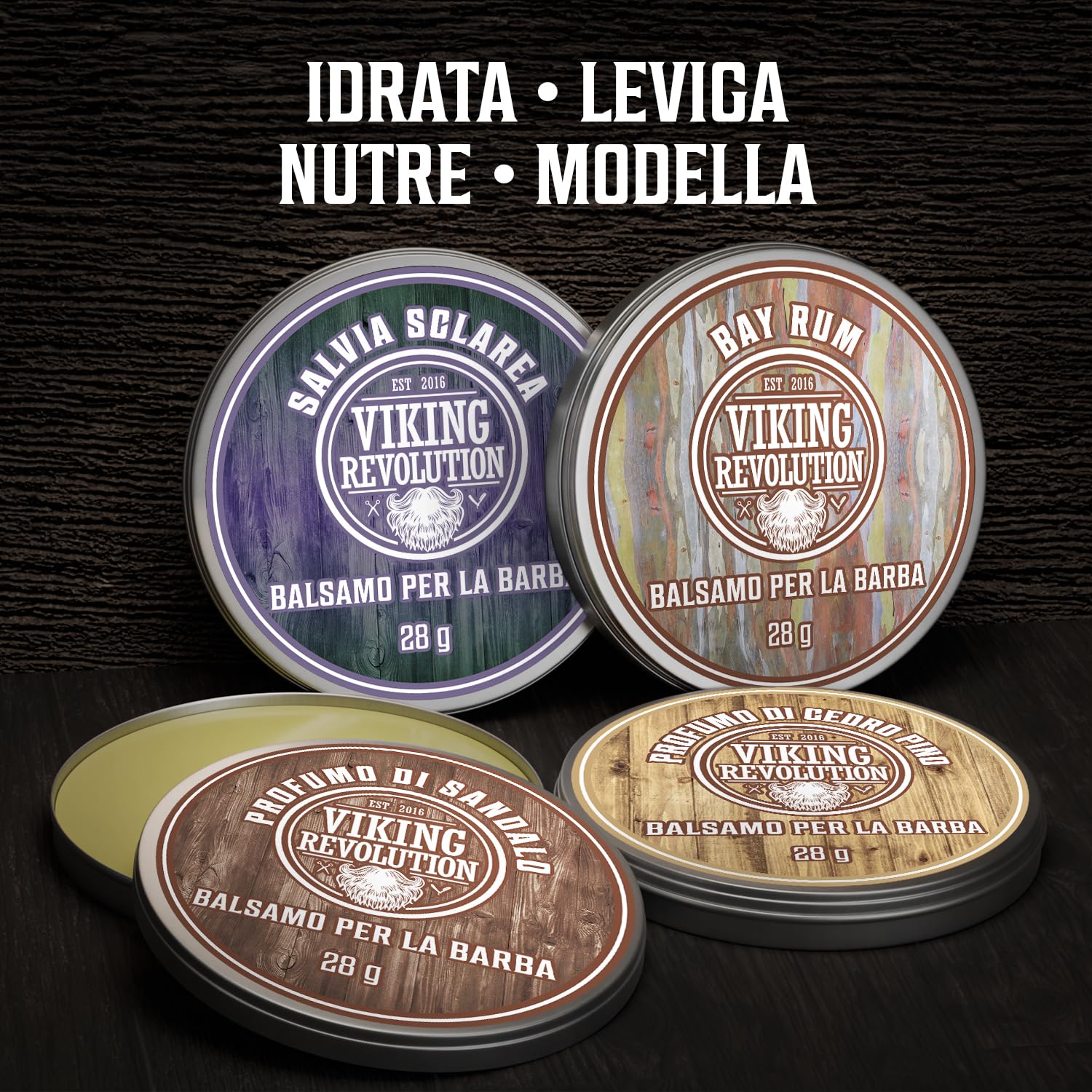 Viking Revolution - Balsamo Barba Uomo - Regalo Uomo - Modella e Ammorbidisce Baffi con Sandalo, Pino, Cedro, Bay Rum e Salvia Sclarea - Set 4x28g