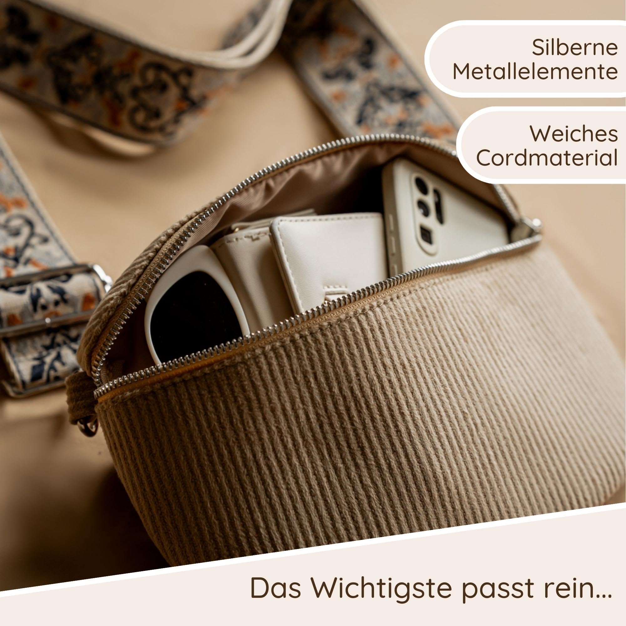 Umhängetasche Cord Tasche Handtasche weiche Cordtasche Bauchtasche Klein mit Schultergurt Design Taschenband abnehmbar verstellbares Riemen Crossbody Bag Hüfttasche Damen mit Reißverschluss