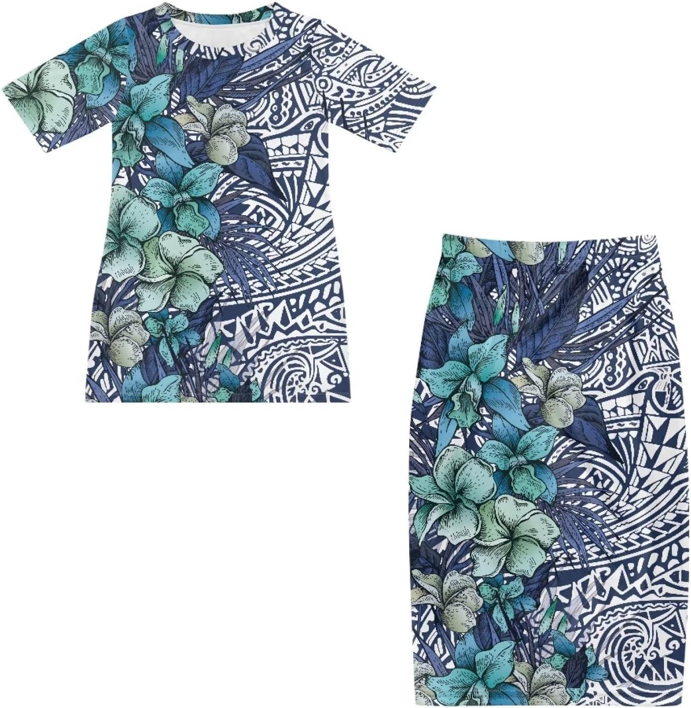 2 Piece Skirt Sets for Women Polynesian Dresses Hawaiian Outfits Puletasi Samoan Dress XS-7XL