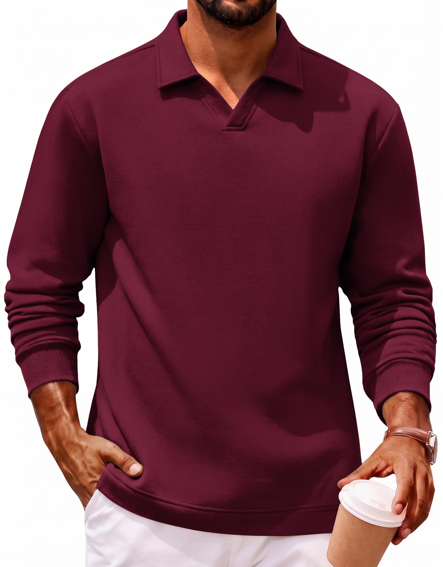 Polo Shirts for Men Heavyweight Cotton V Neck Long Sleeve