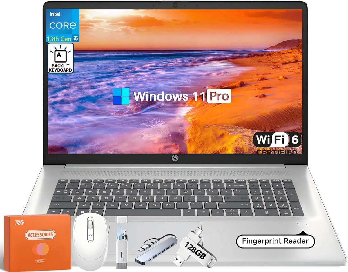 HP 17 Inch Laptop Computer for Business & Students, 17.3" HD+ Display, Intel 10-Core i5-1334U Up to 4.6 GHz, 64 GB RAM, 2 TB SSD, Fingerprint Reader, Backlit Keyboard, Wi-Fi 6, Webcam, Windows 11 Pro : Electronics