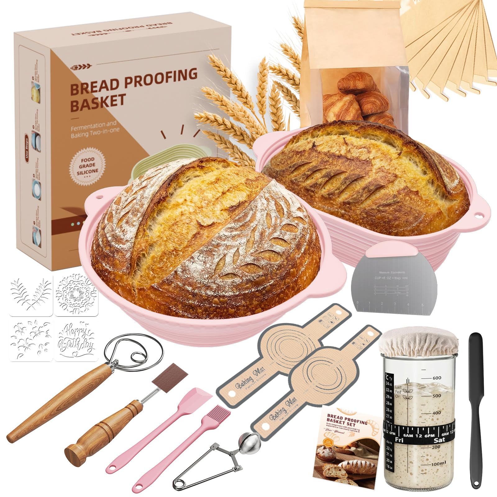 MQUPIN 12-Teiliges Sauerteig-Anfangsset, 28cm runder & 29cm ovaler Banneton Klappbare Gärkorb, 730ml Sauerteig Glas, Brot Backen Startver Set Geschenk für Heimbackern & Anfänger