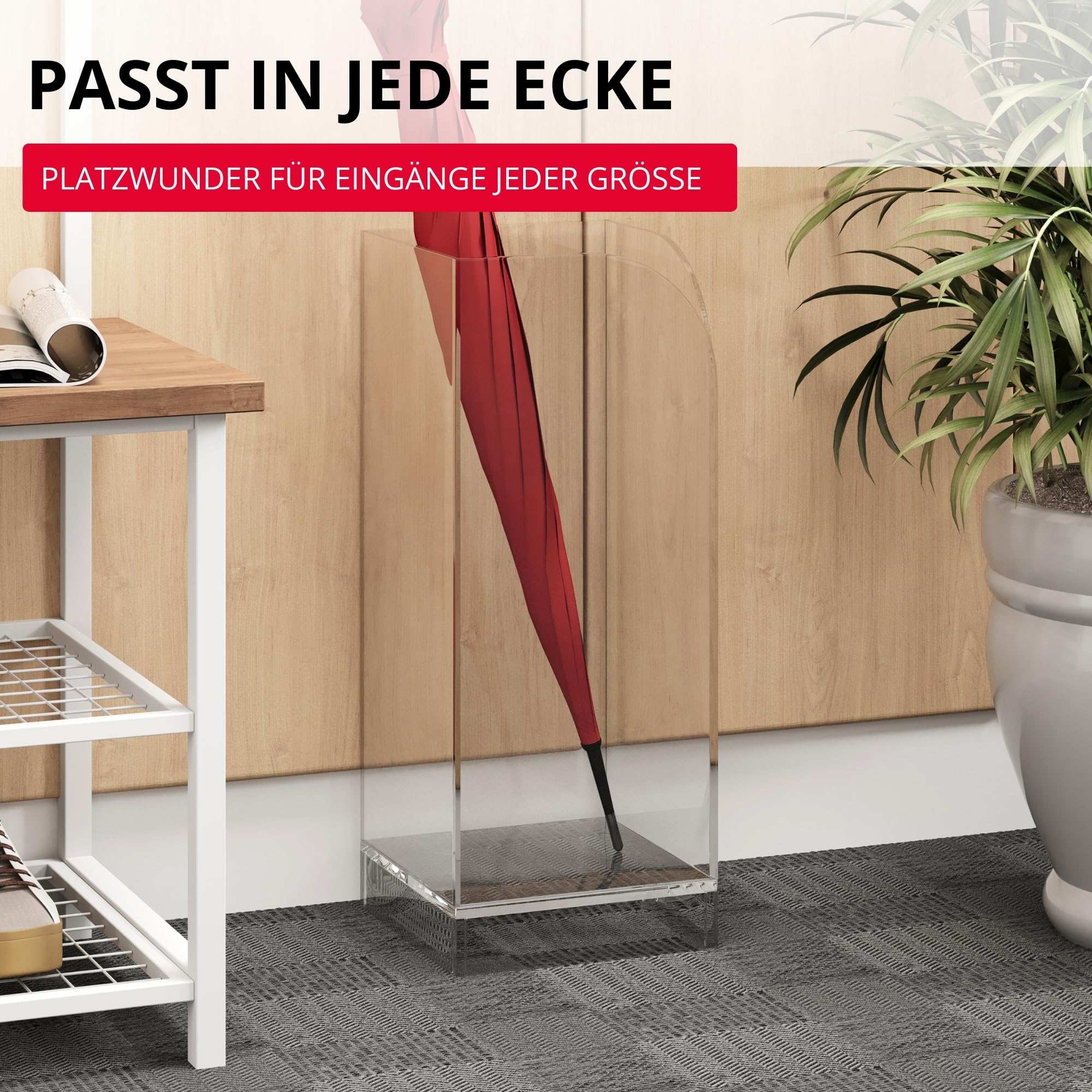 StarK Regenschirmständer Acryl – 50x20 cm quadratisch & transparent | Schirmständer Regenschirm für 8 Schirme | Stilvolles Design, elegant & passend für Flur, Büro & Praxis