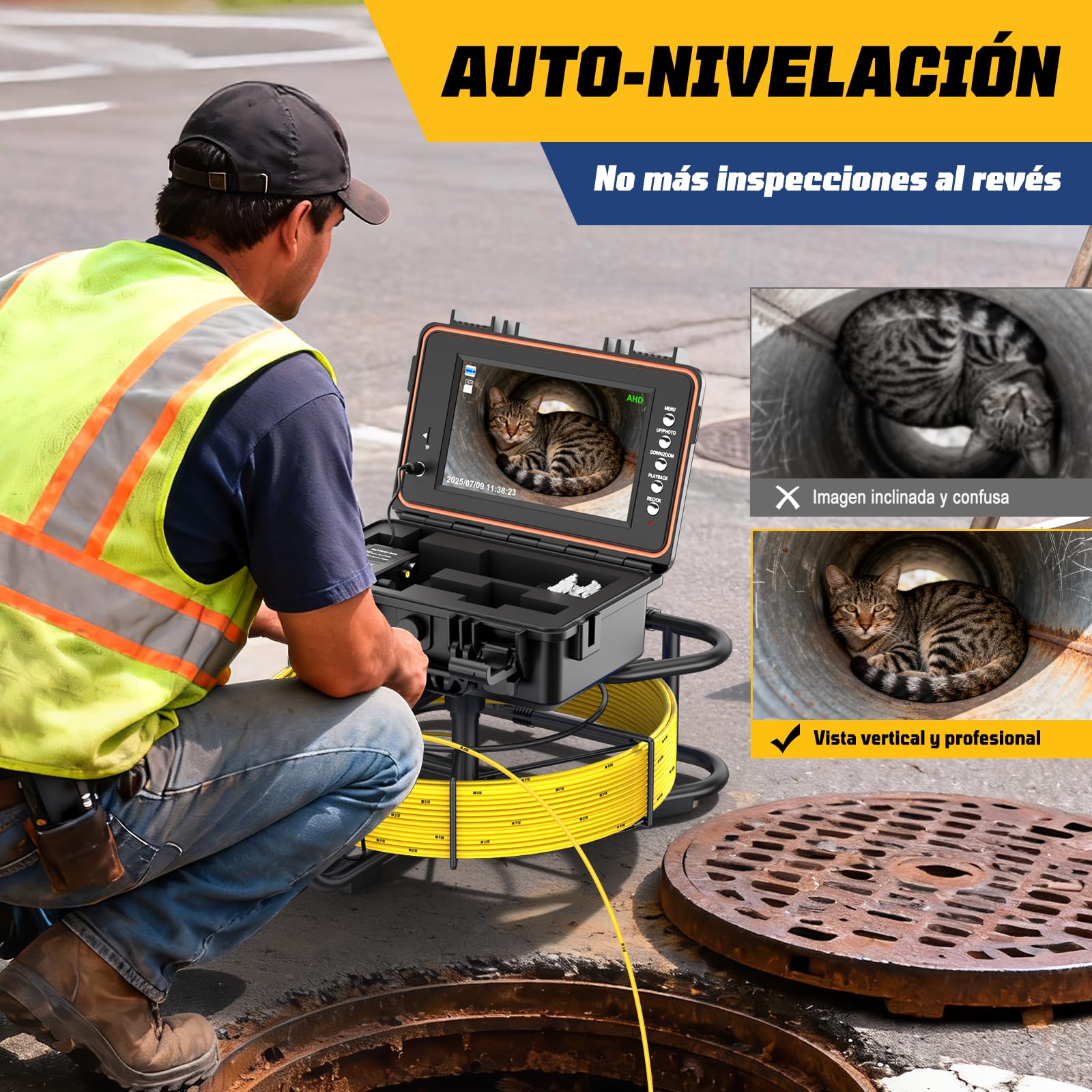 Cámara de Inspección de Tuberías con Sonda 512Hz, Cable Grueso 7MM, Auto-Nivelación 1080P, Pantalla IPS HD de 9", DVR 32GB, Batería 5100mAh, Impermeable IP68 (30M)