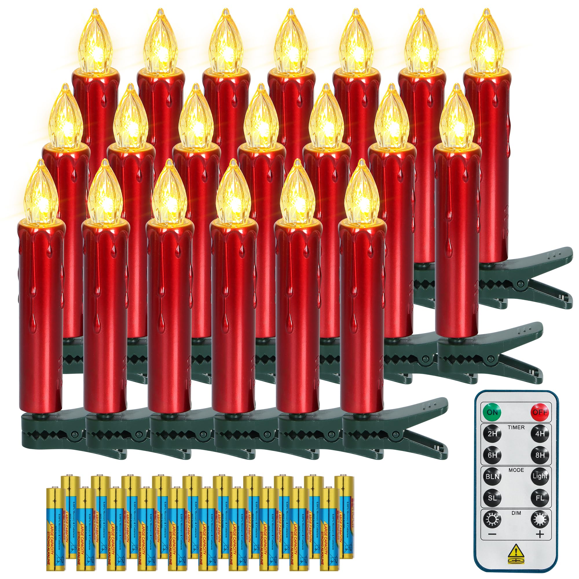 FREEPOWER 20 Velas LED árbol de Navidad Rojas con Mando a Distancia Temporizador Parpadeantes, Blanco Cálido, Velas LED Navidad, Funciona con Pilas, Interior y Exterior Impermeable（Incluye 20 pilas）
