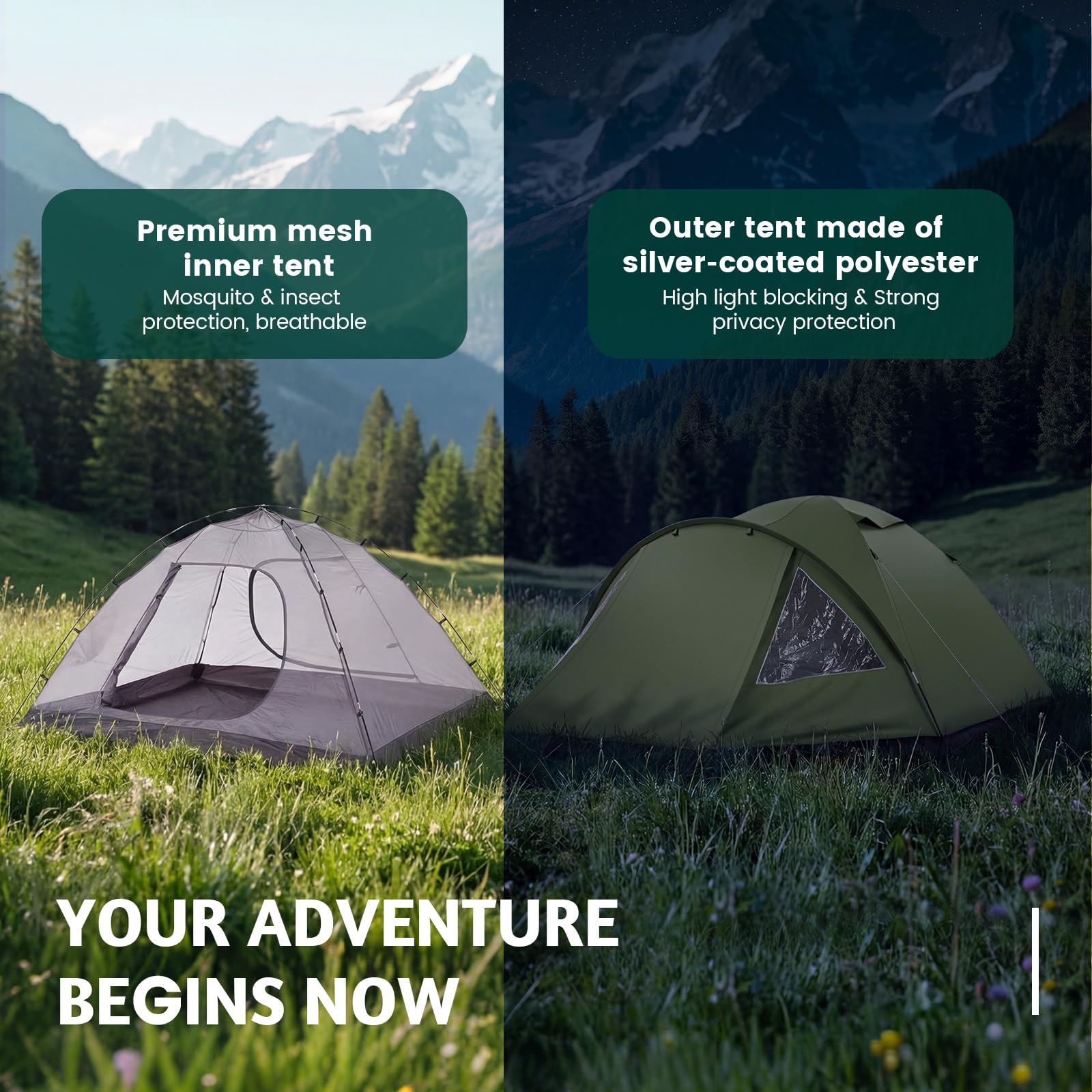 Tienda de campaña con vestíbulo para 4 Personas, 330 x 240 x 130 cm, Tienda Familiar PU4000 Impermeable, protección UV, Ultraligera Doble Capas Tienda Campismo Plegable Familia Cúpula Carpa