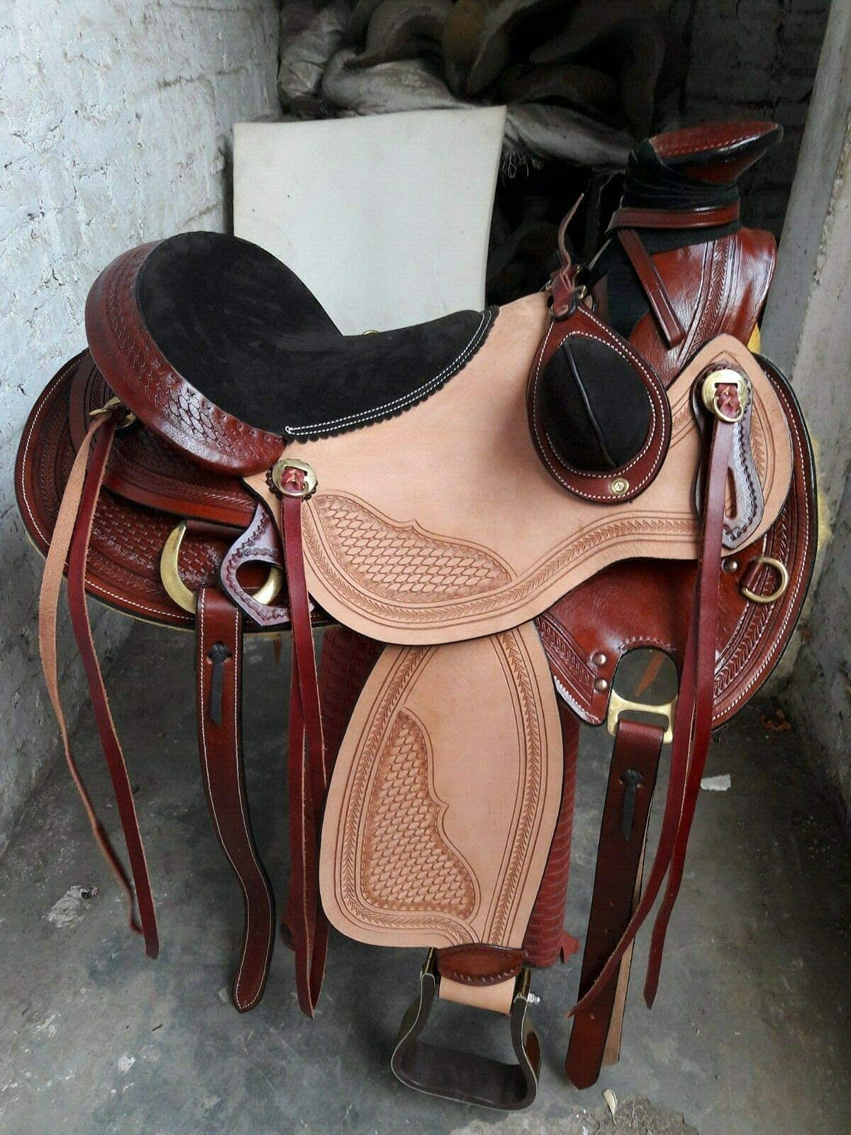 Equestrian Universe - Sillín de cuero para rancho resistente occidental