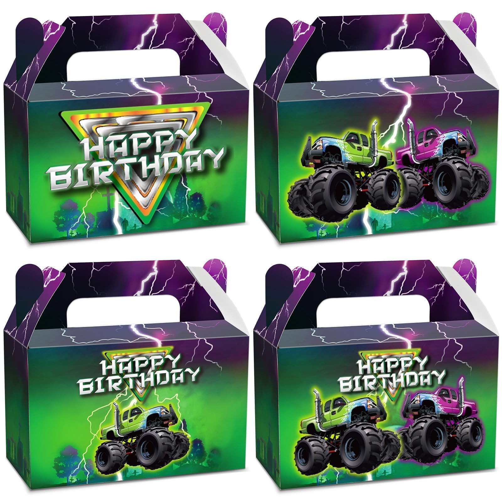 CHUNNIN 12Pcs Green Purple Monster Truck Treat Boxes Monster Truck Birthday Party Decorations Racing Truck Theme Party Favor Gift Boxes Monster Truck
