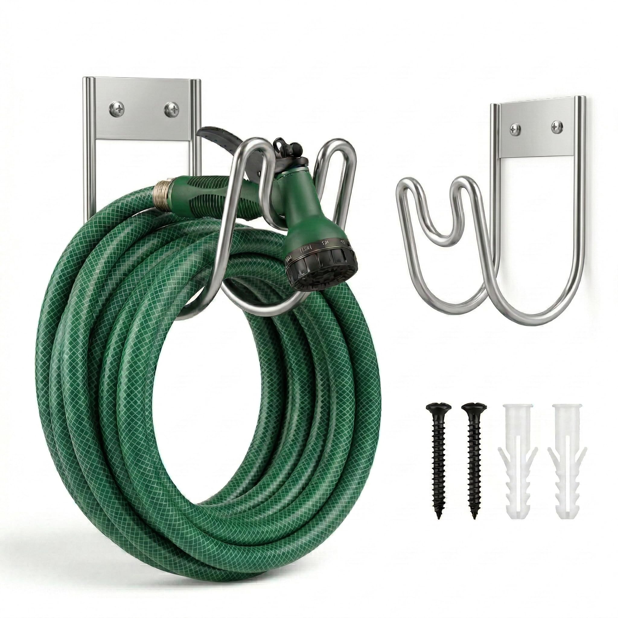 TIGREZ Garden Hose Holder Wall Mounted Metal Hose Pipe Hanger with Fittings - Metal Hosepipe Holder for Wall Storage - Outdoor Mounted Garden Hosepipe Hook with Fittings (Silver)