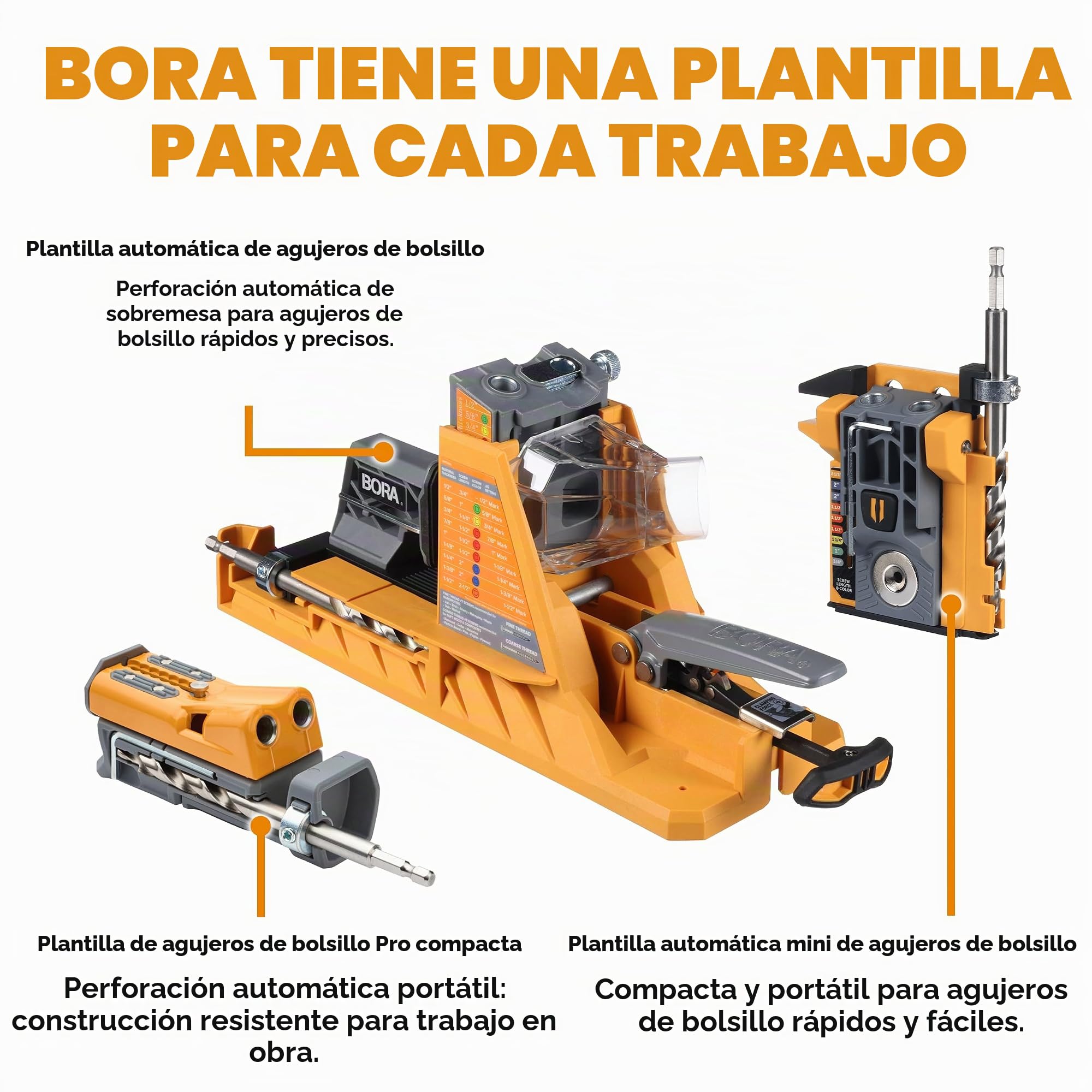 BORA Plantilla automática de agujero de bolsillo con 50 tornillos recubiertos de color, guía de taladro de ajuste automático, kit de plantilla de agujero de bolsillo para carpintería, para materiales