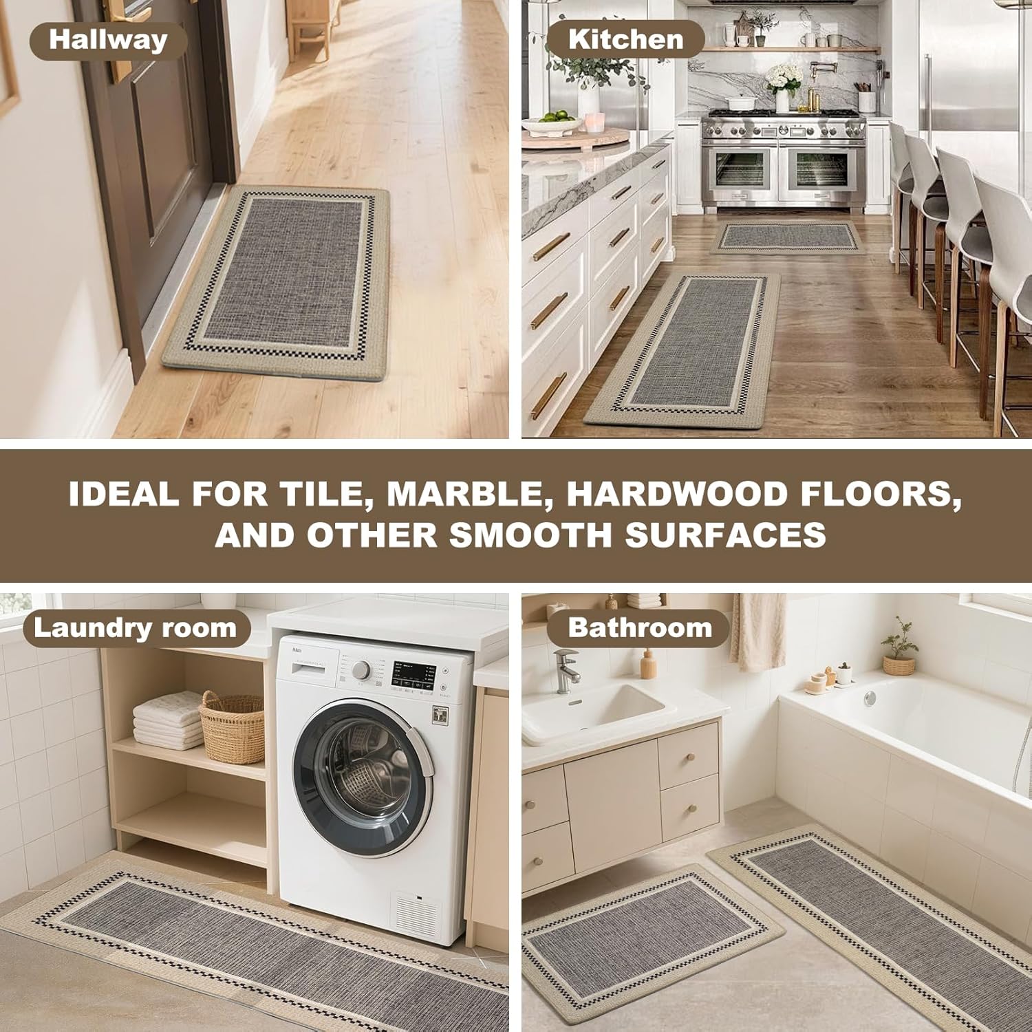 2-Piece Kitchen Floor Rugs - Non Slip Machine Washable Mats 20”x31.5” & 20”x59 Soft Absorbent Polyester, Light Blue Purple & Beige - Checkered Border Design for Sink Counter Laundry Hallway