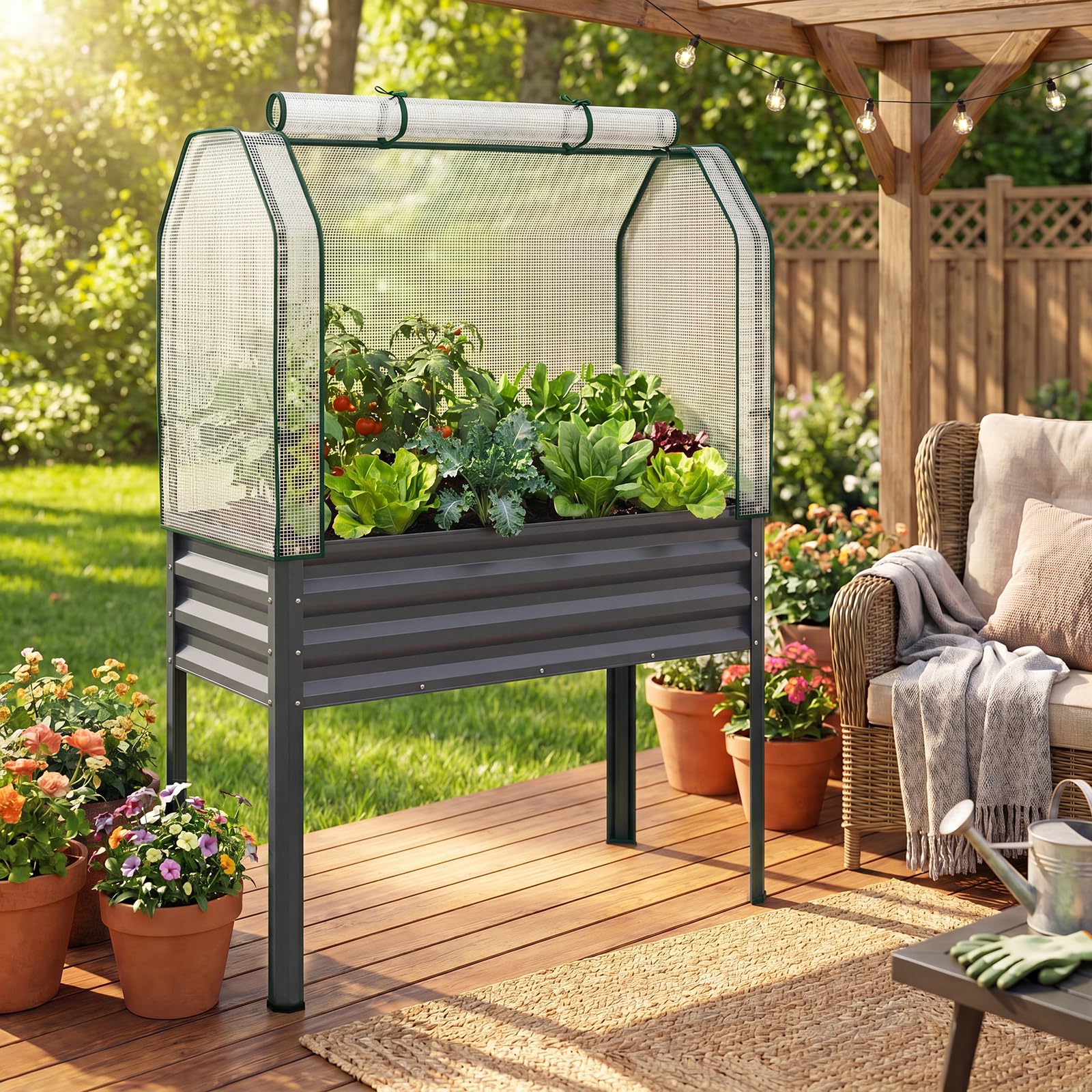 GOPLUS Jardiniere sur Pieds 3 en 1 avec Mini Serre, Carré Potager en Métal Galvanisé avec Porte Zippée Enroulable pour Jardin Balcon Patio, Bac de Culture 142L pour Légumes Herbes Fleurs (Gris)