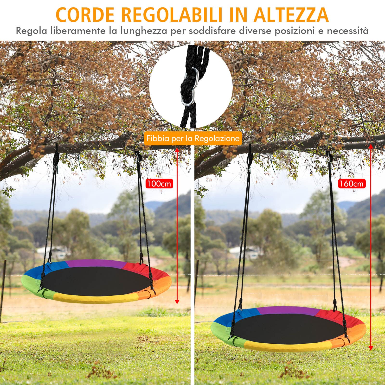 RELAX4LIFE Altalena da Giardino per Bambini, Altalena Rotonda a Nido per Esterno e Interno, Altezza Regolabile 100-180cm, per 2-3 Bambini, Carico massimo: 150kg (Colorato+Chinghia)