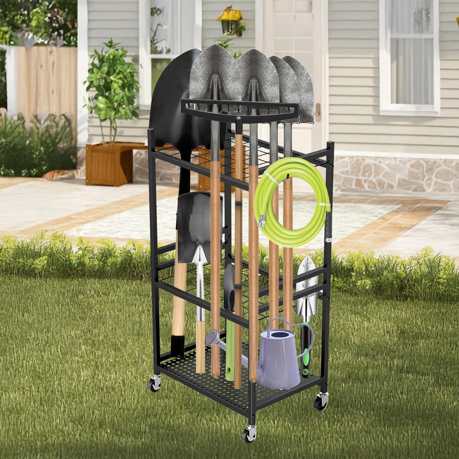Gartenwerkzeug Organizer 3-stufig,Yard Tool Tower Rack,Garten Werkzeugregal mit 3 Beweglichen Haken & Feststellbaren Rollen,35 Fächer Hof Werkzeughalter für Garage,Schuppen & Terrasse